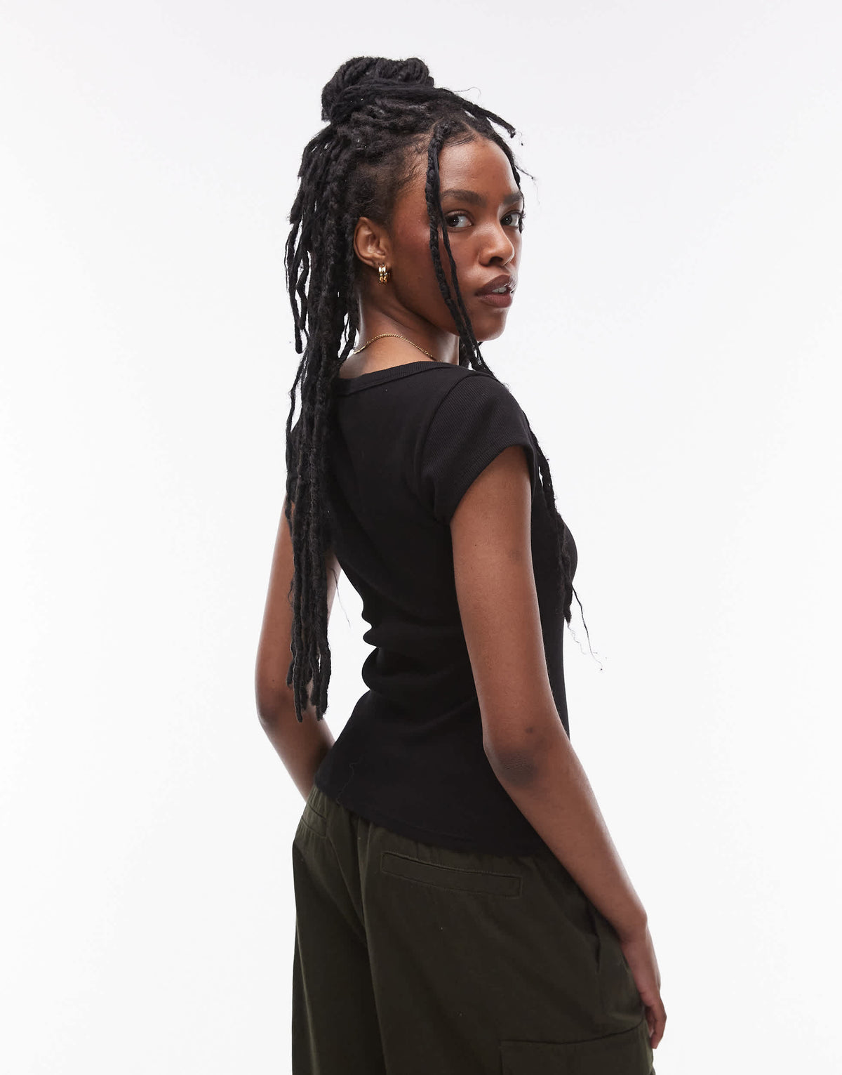 Topshop square neck rib cap sleeve tee in black