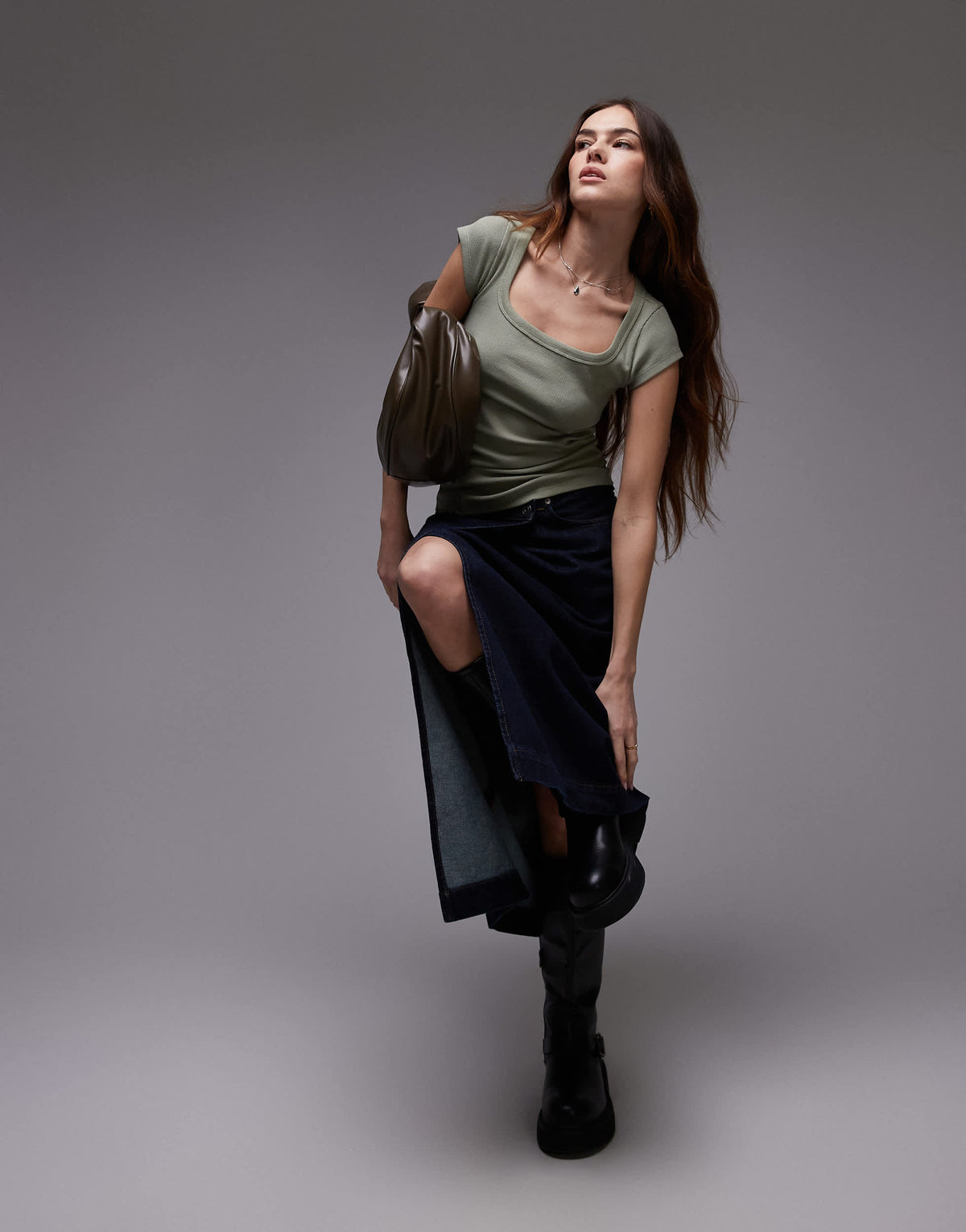 Topshop square neck rib cap sleeve tee in washed khaki