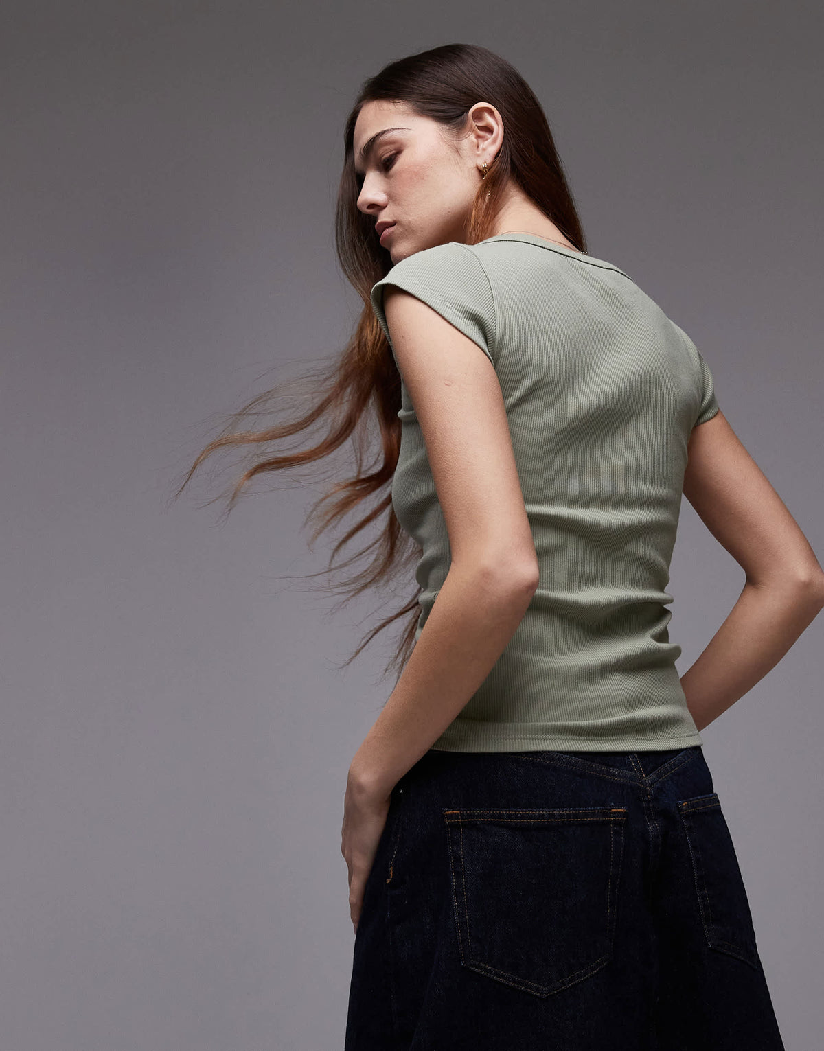Topshop square neck rib cap sleeve tee in washed khaki