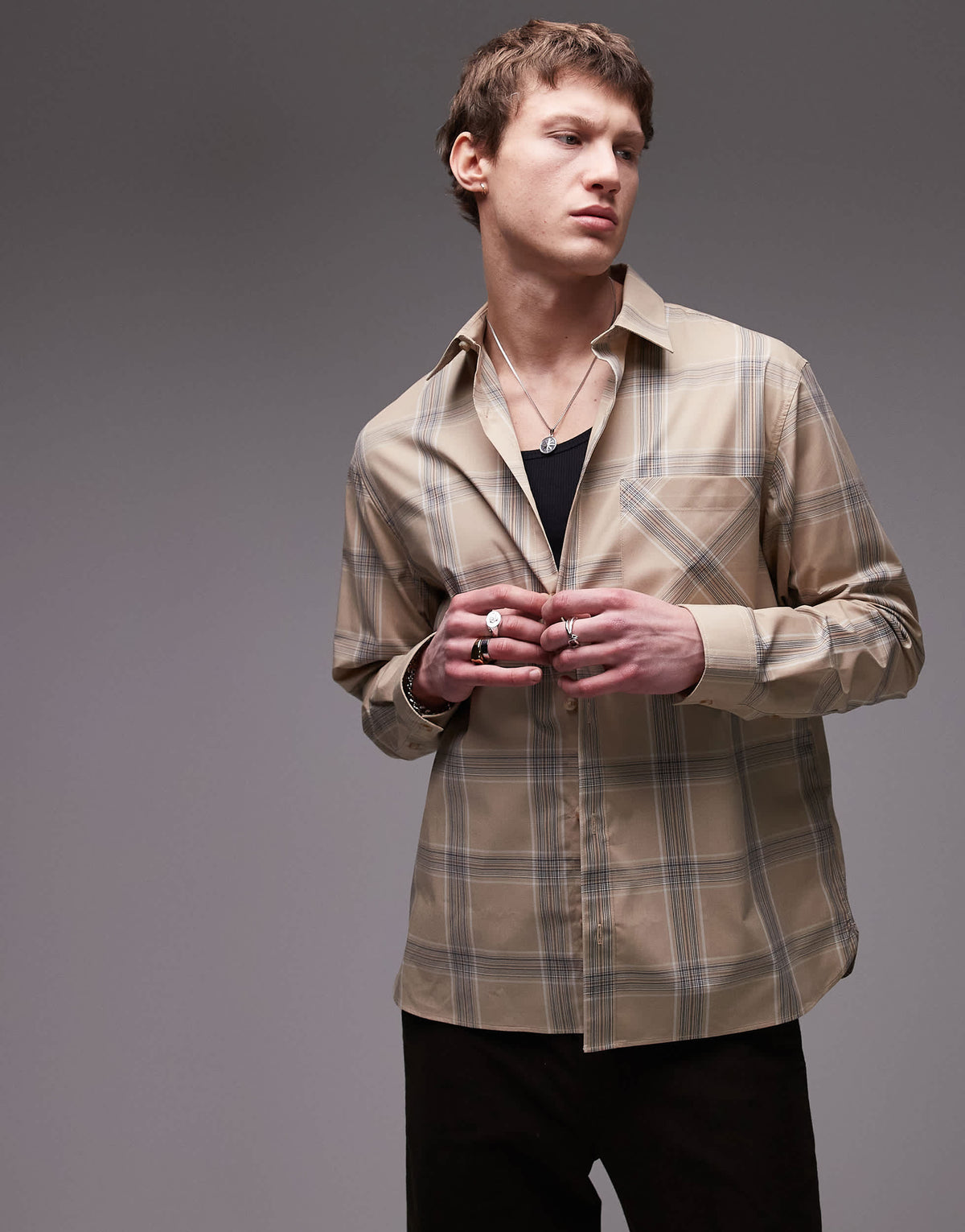 Topman long sleeve check oversized shirt in brown