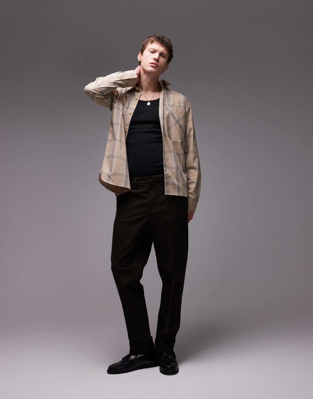 Topman long sleeve check oversized shirt in brown