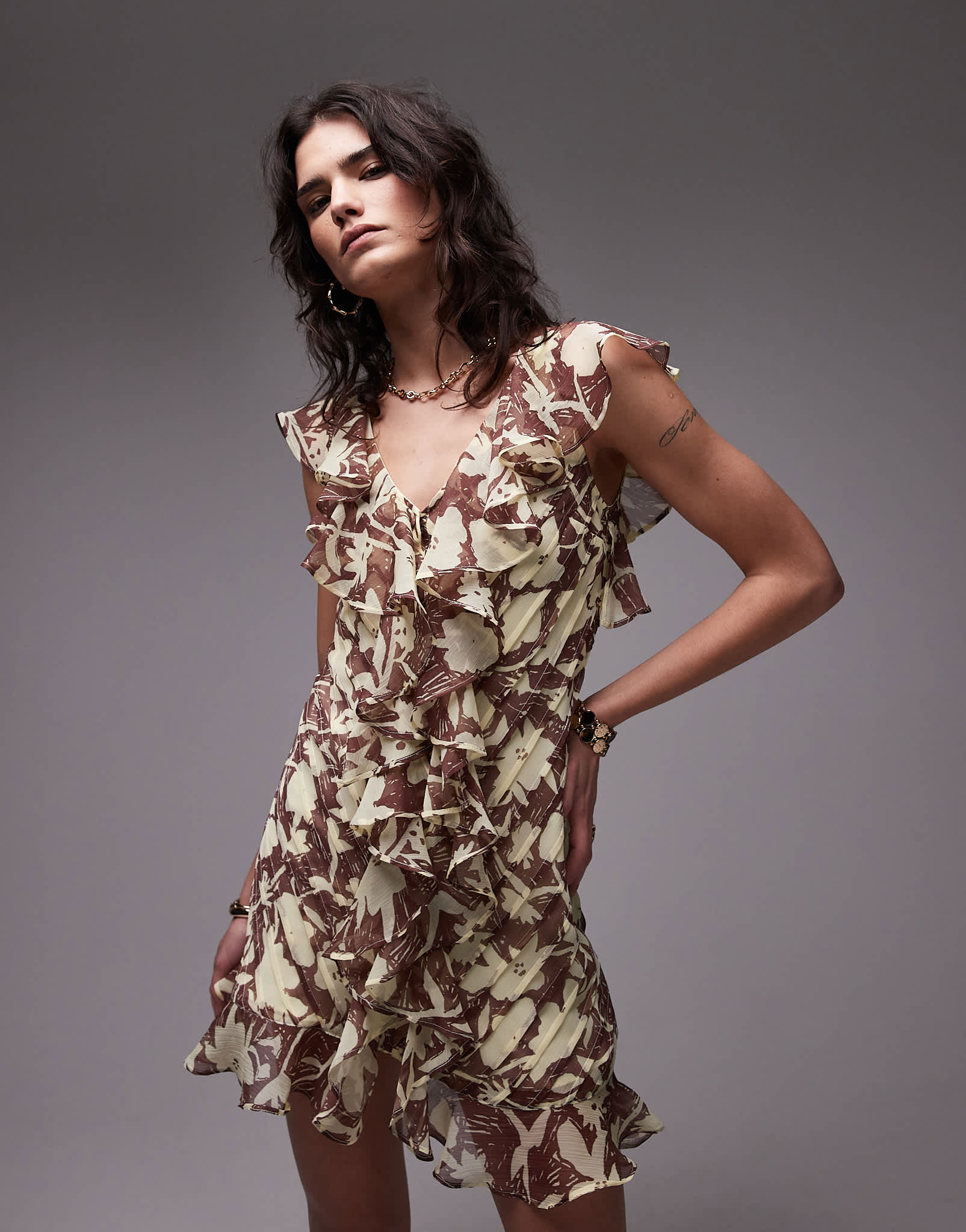 Topshop ruffle pintuck mini dress in buttermilk floral