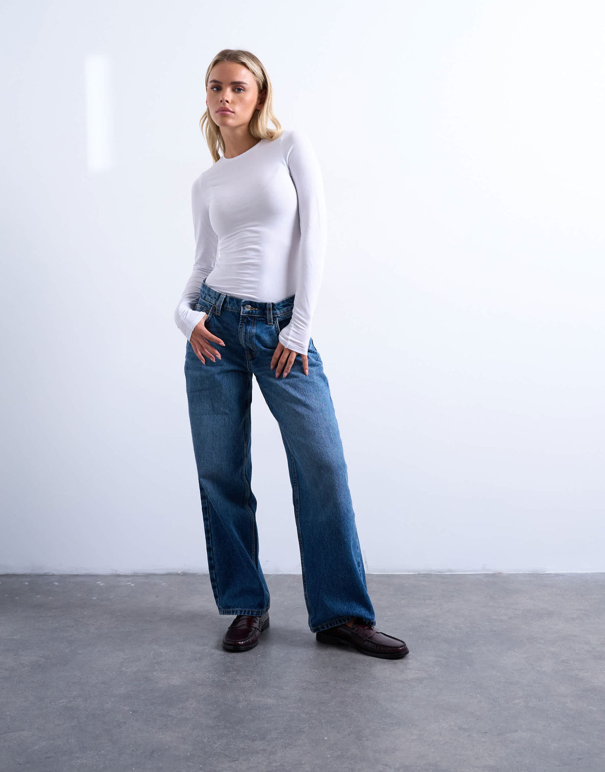 Topshop Petite Cinch low rise relaxed jean in vintage blue