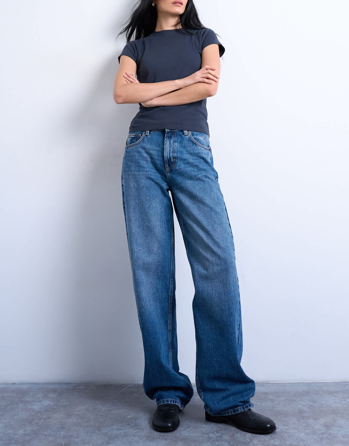 Topshop Tall Cinch low rise relaxed jean in vintage blue