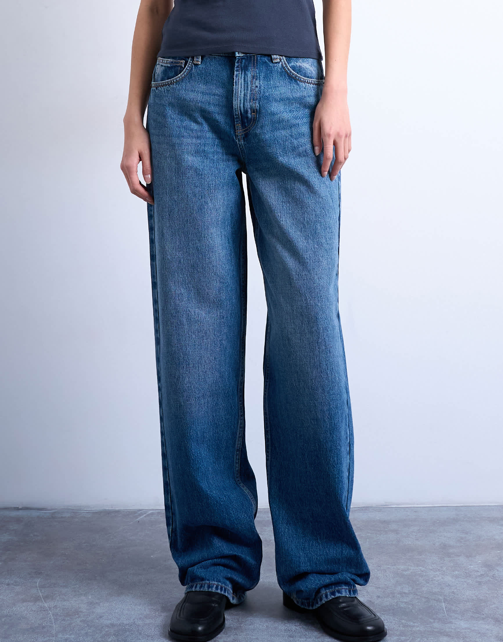 Topshop Tall Cinch low rise relaxed jean in vintage blue