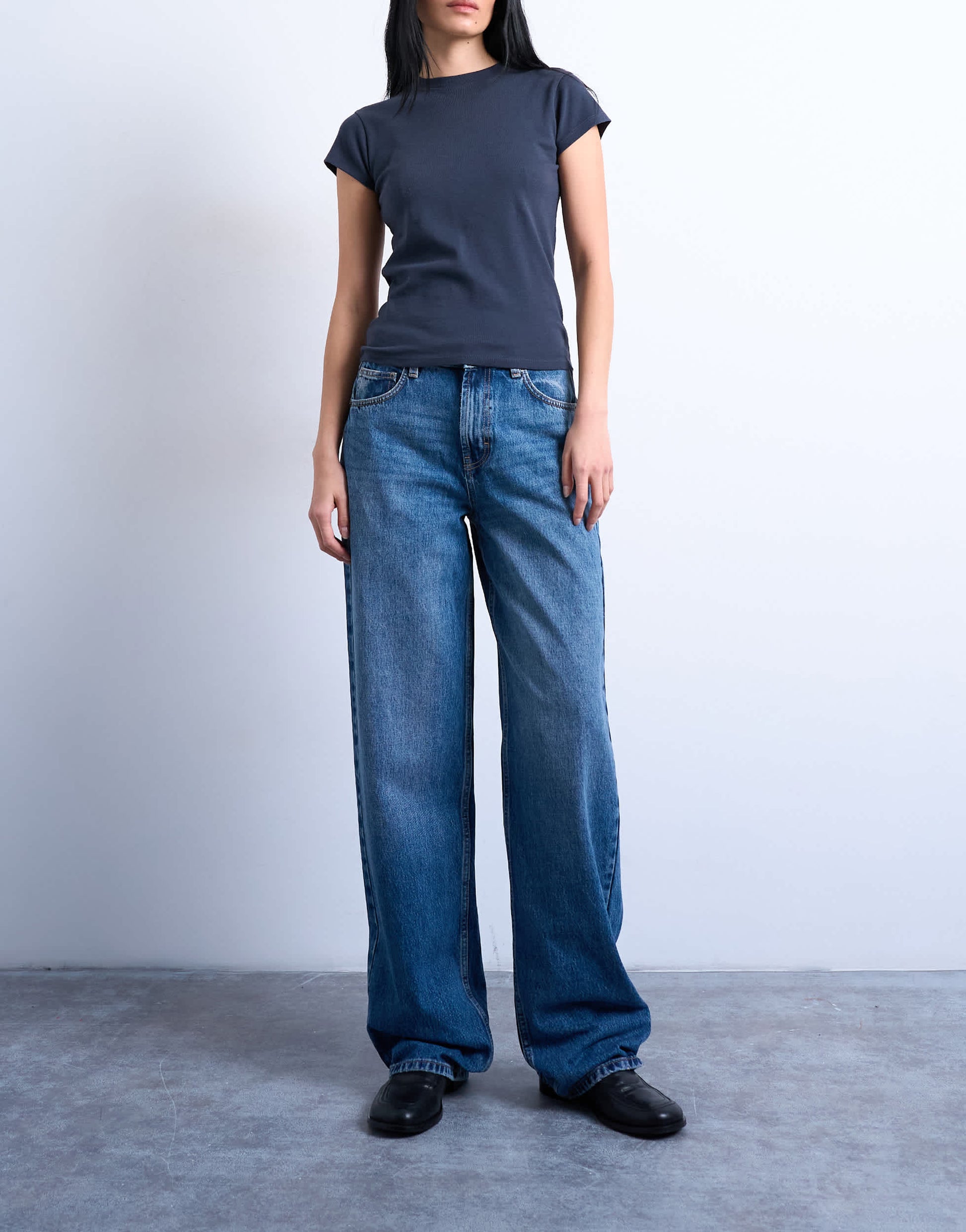 Topshop Tall Cinch low rise relaxed jean in vintage blue