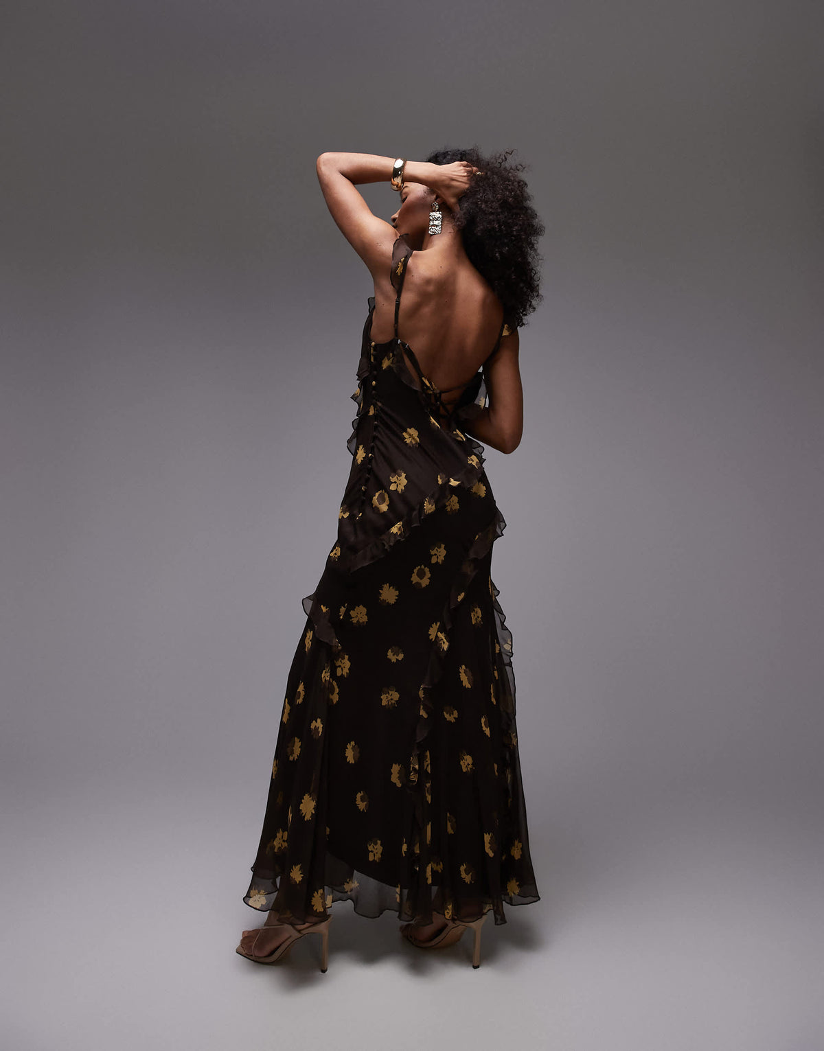 Topshop ruffle cami maxi dress in brown buttermilk floral
