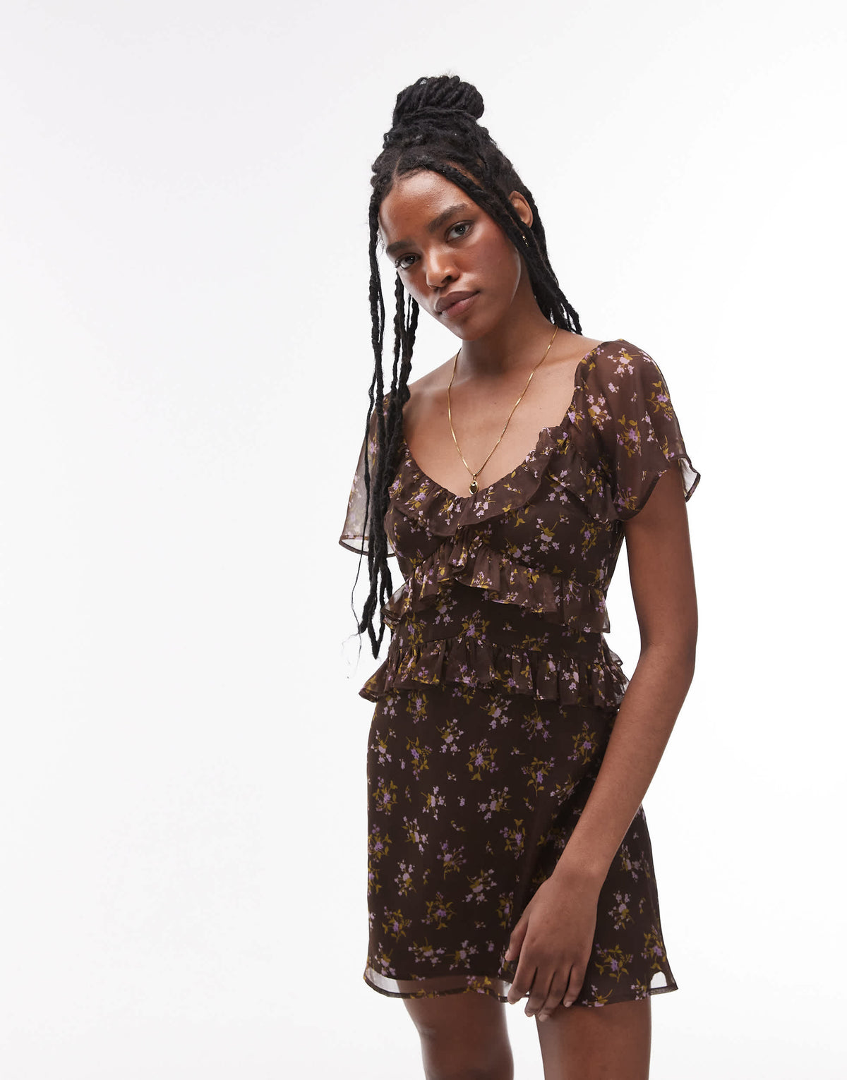 Topshop ruffle detail tea dress in brown floral