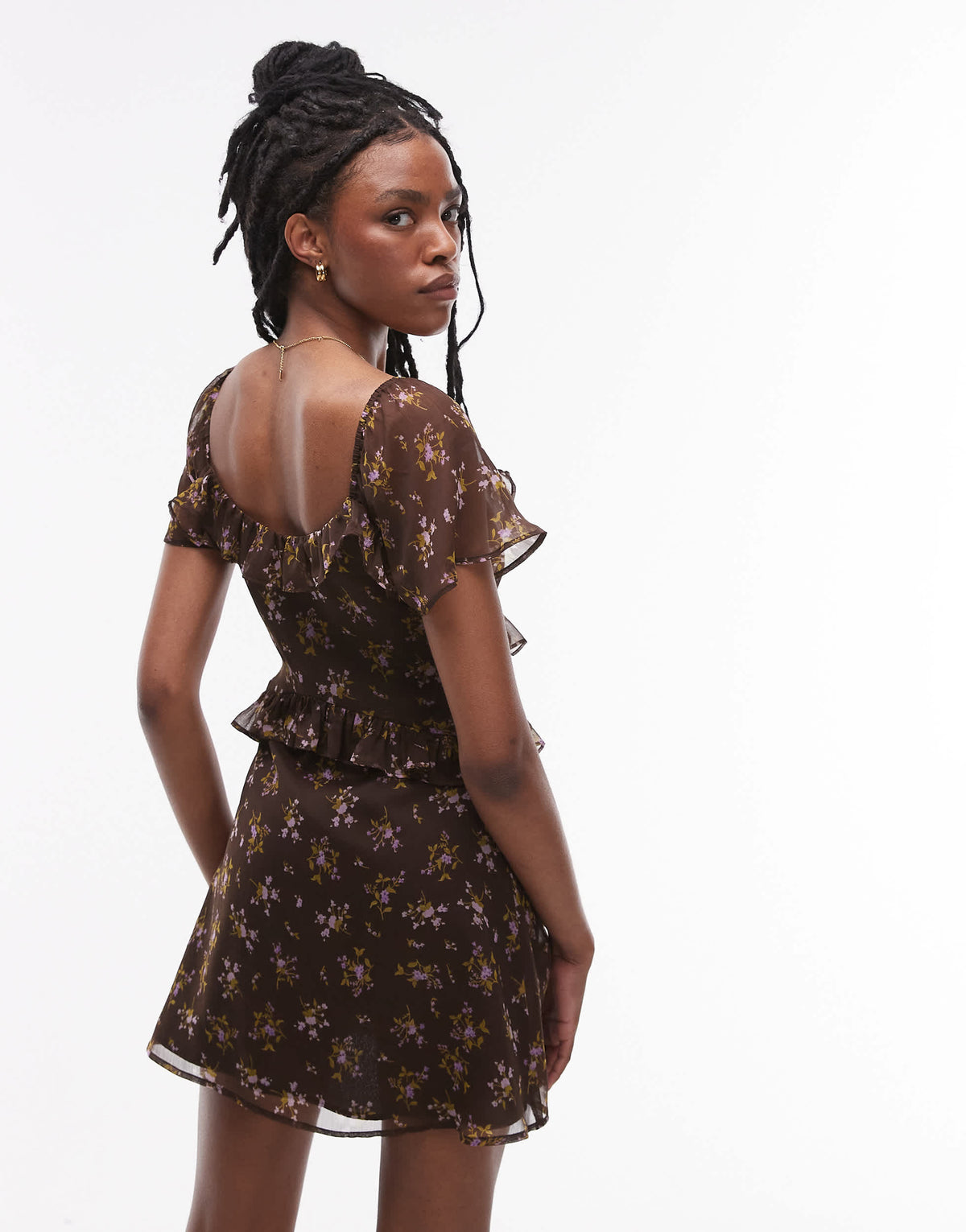 Topshop ruffle detail tea dress in brown floral