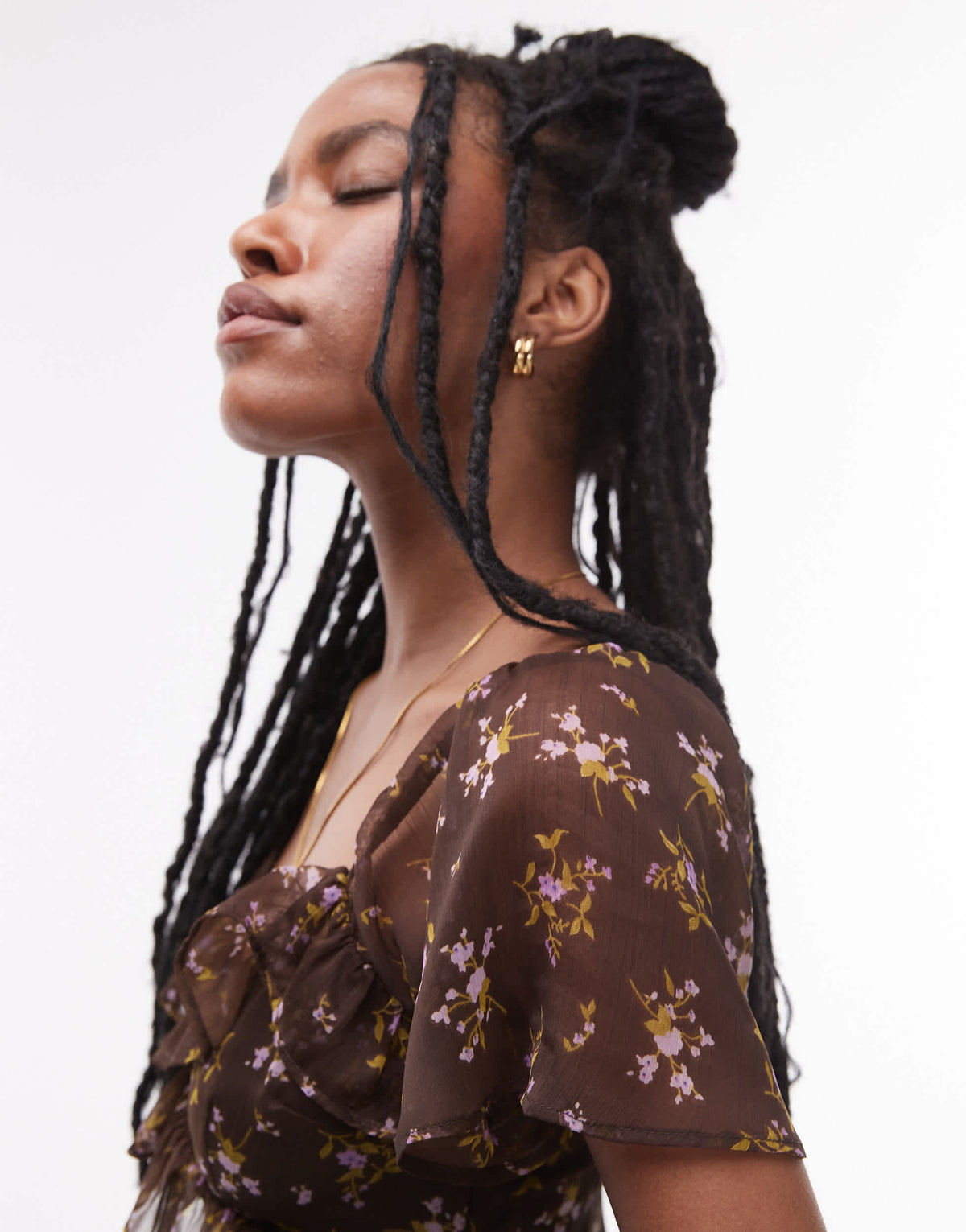 Topshop ruffle detail tea dress in brown floral