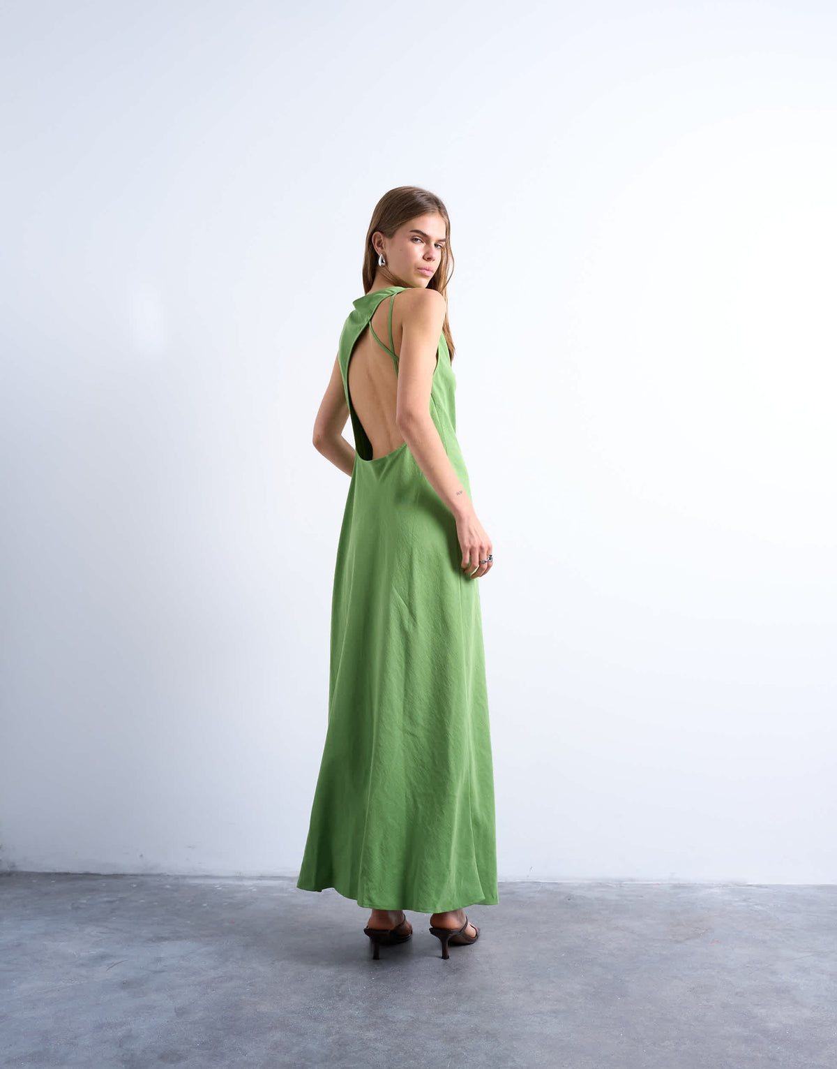 Topshop drape neck open back midi dress in green
