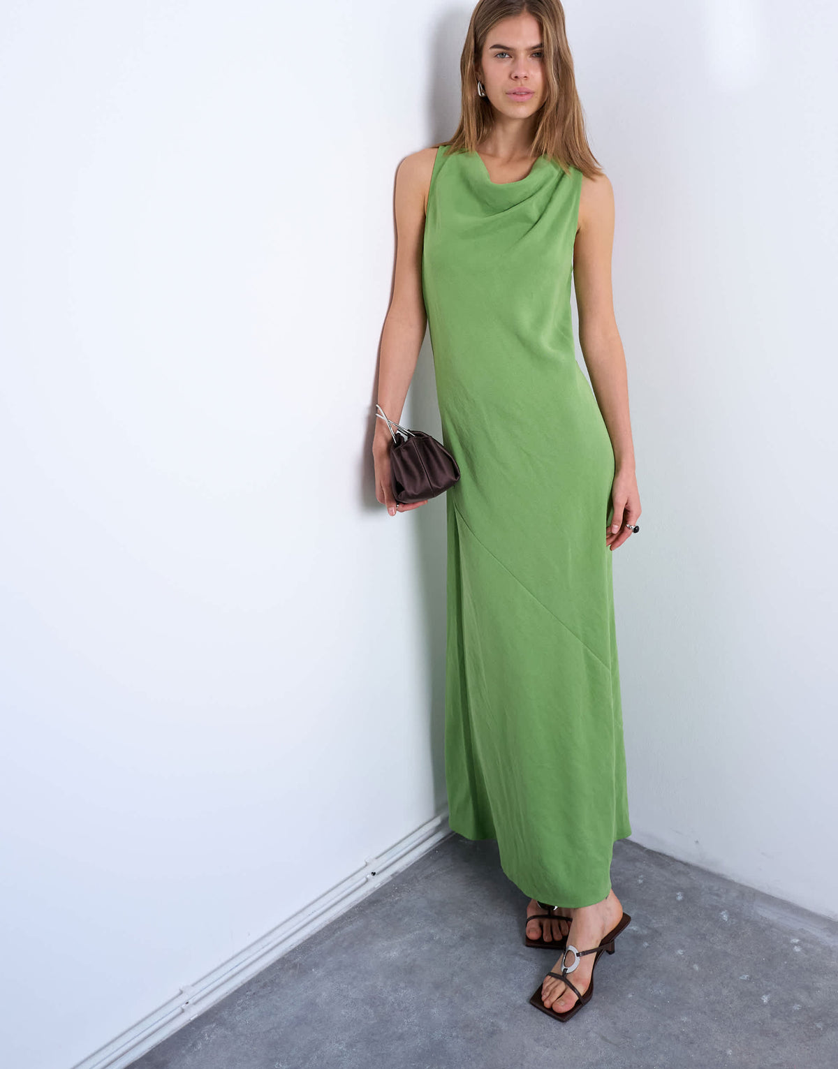 Topshop drape neck open back midi dress in green