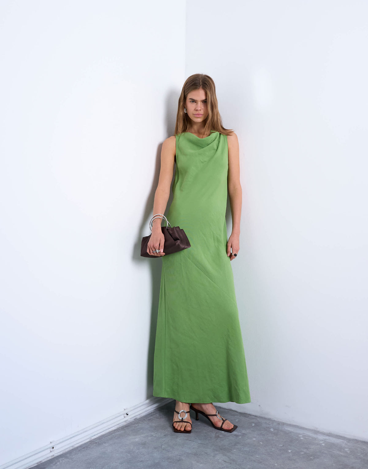 Topshop drape neck open back midi dress in green