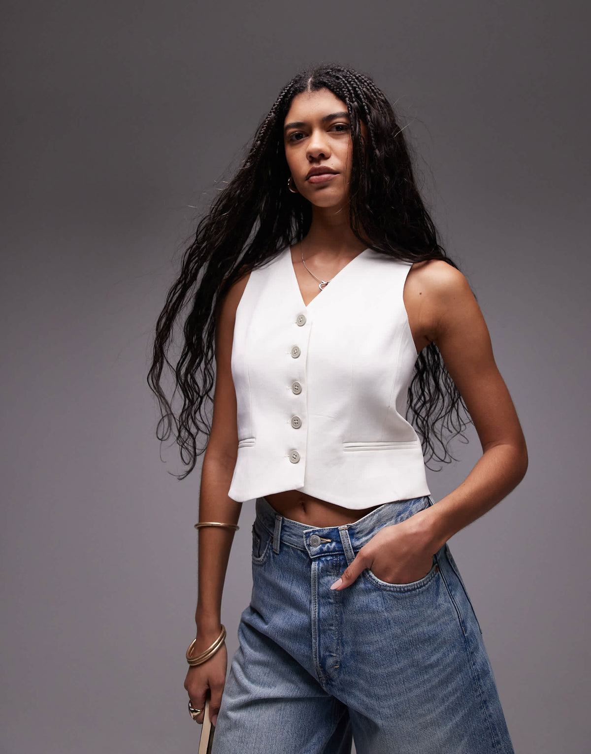 Topshop v neck cropped waistcoat in white