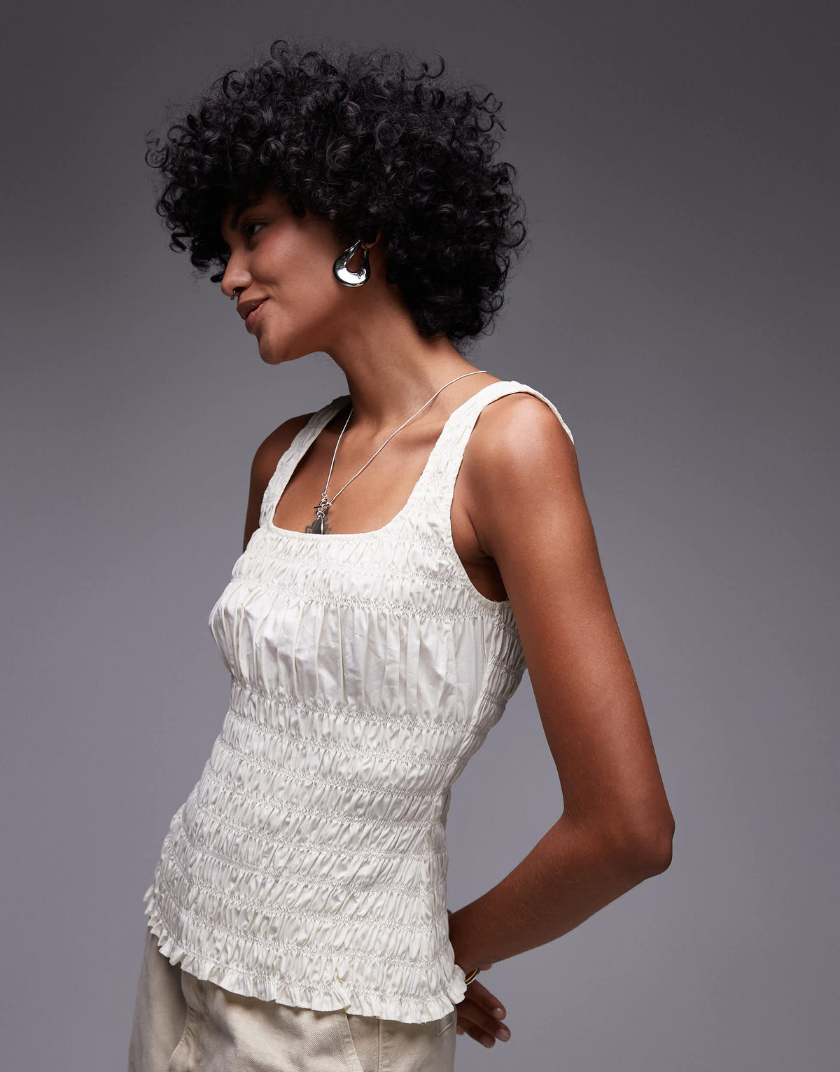 Topshop shirred poplin sleeveless top in ivory