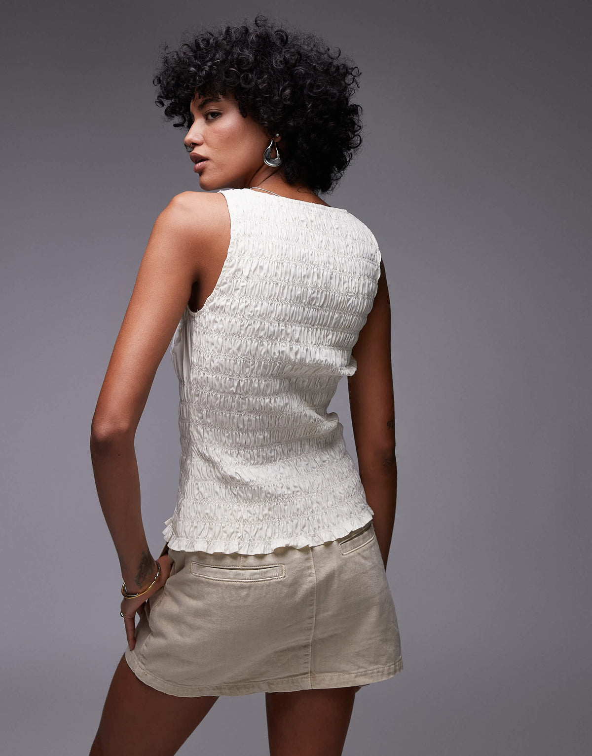 Topshop shirred poplin sleeveless top in ivory