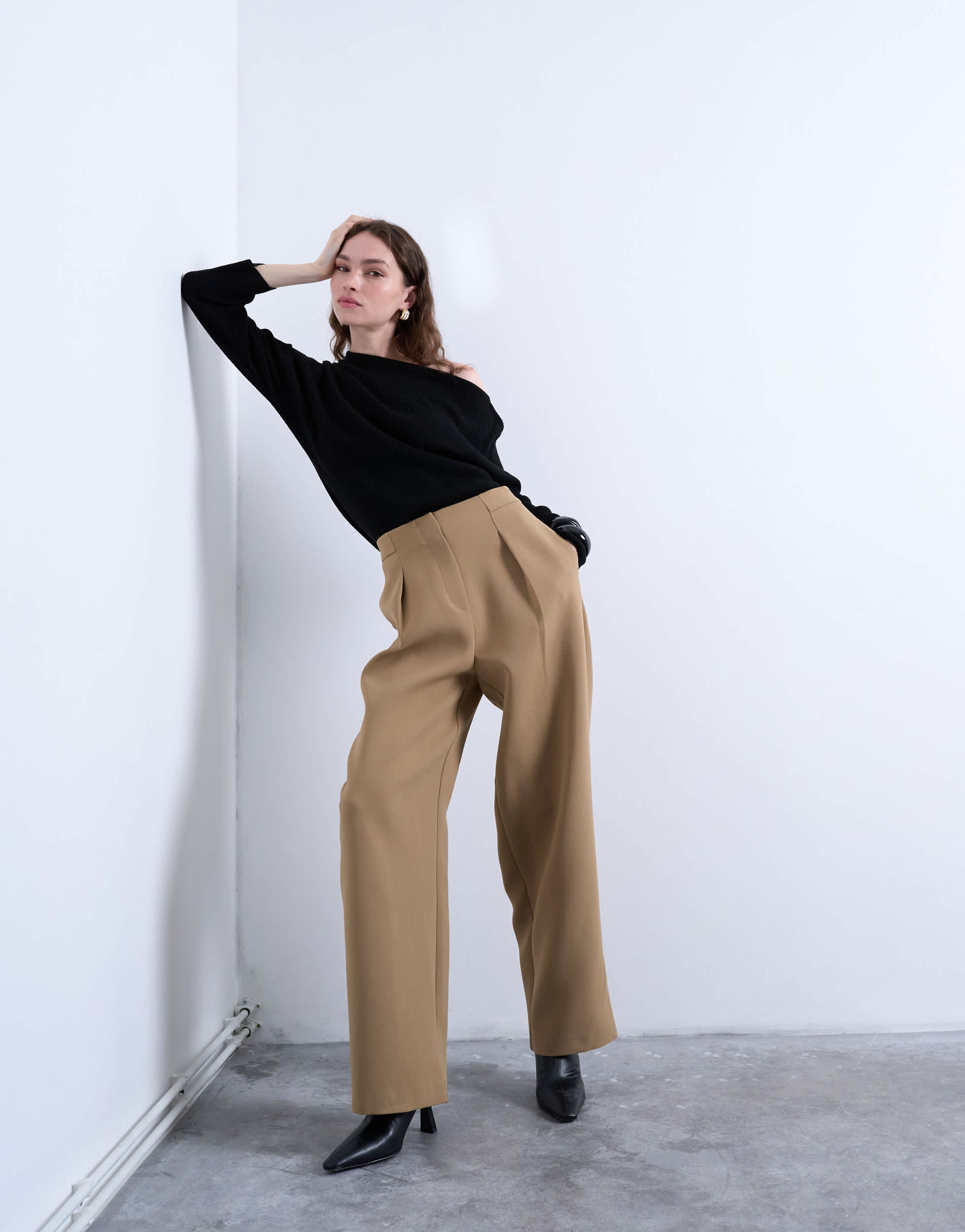 Topshop co ord slouchy clean waist band tailored trouser in taupe