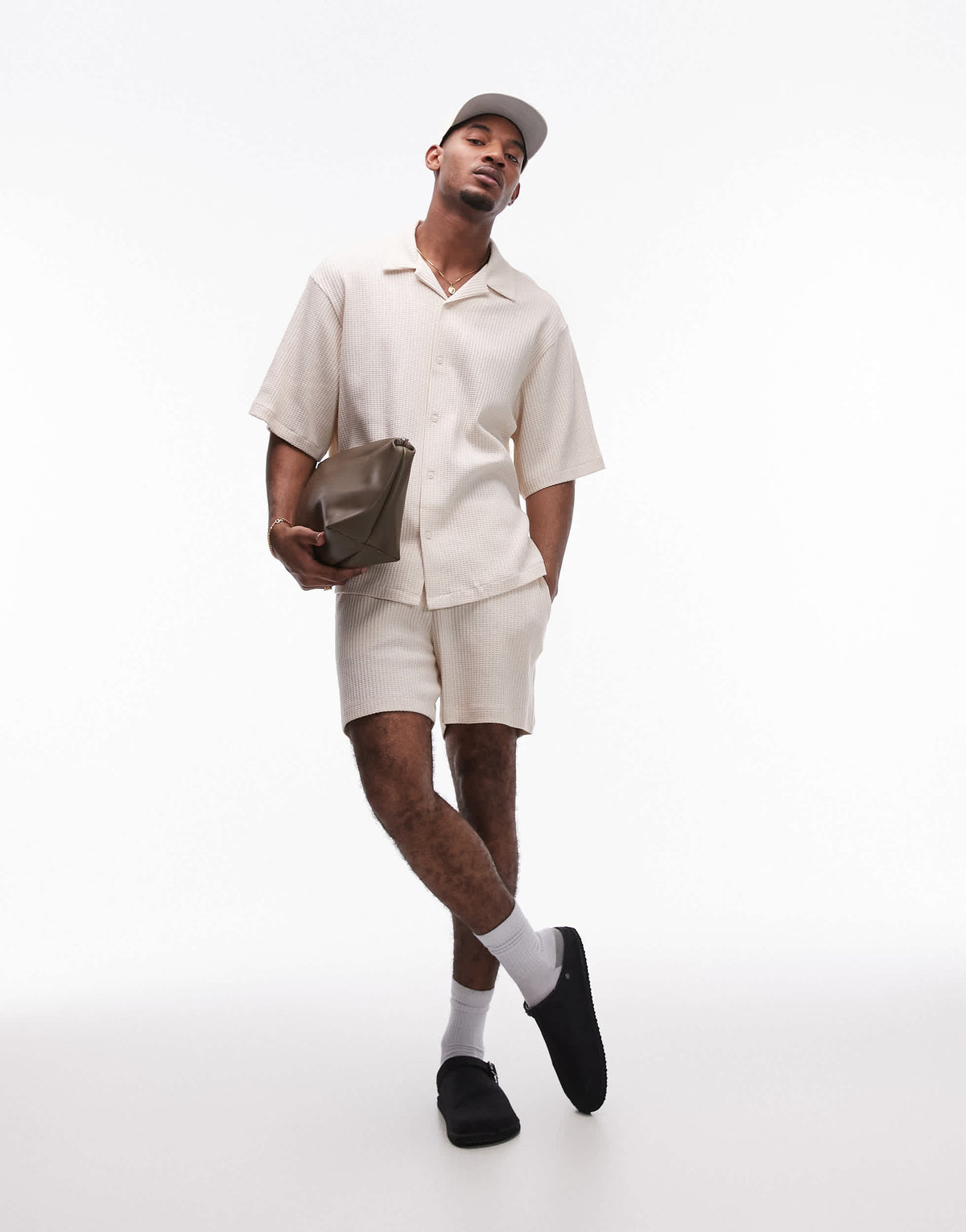 Topman relaxed fit waffle button through jersey shirt in stone