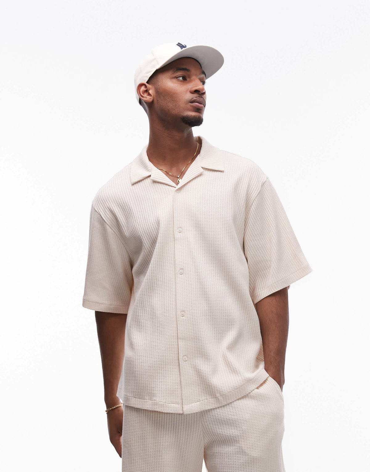 Topman relaxed fit waffle button through jersey shirt in stone