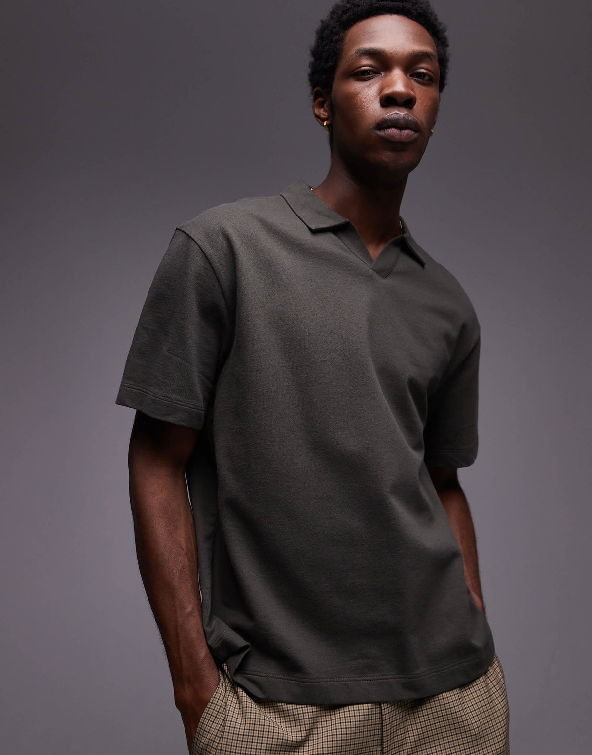 Topman heavyweight crop fit revere polo in khaki