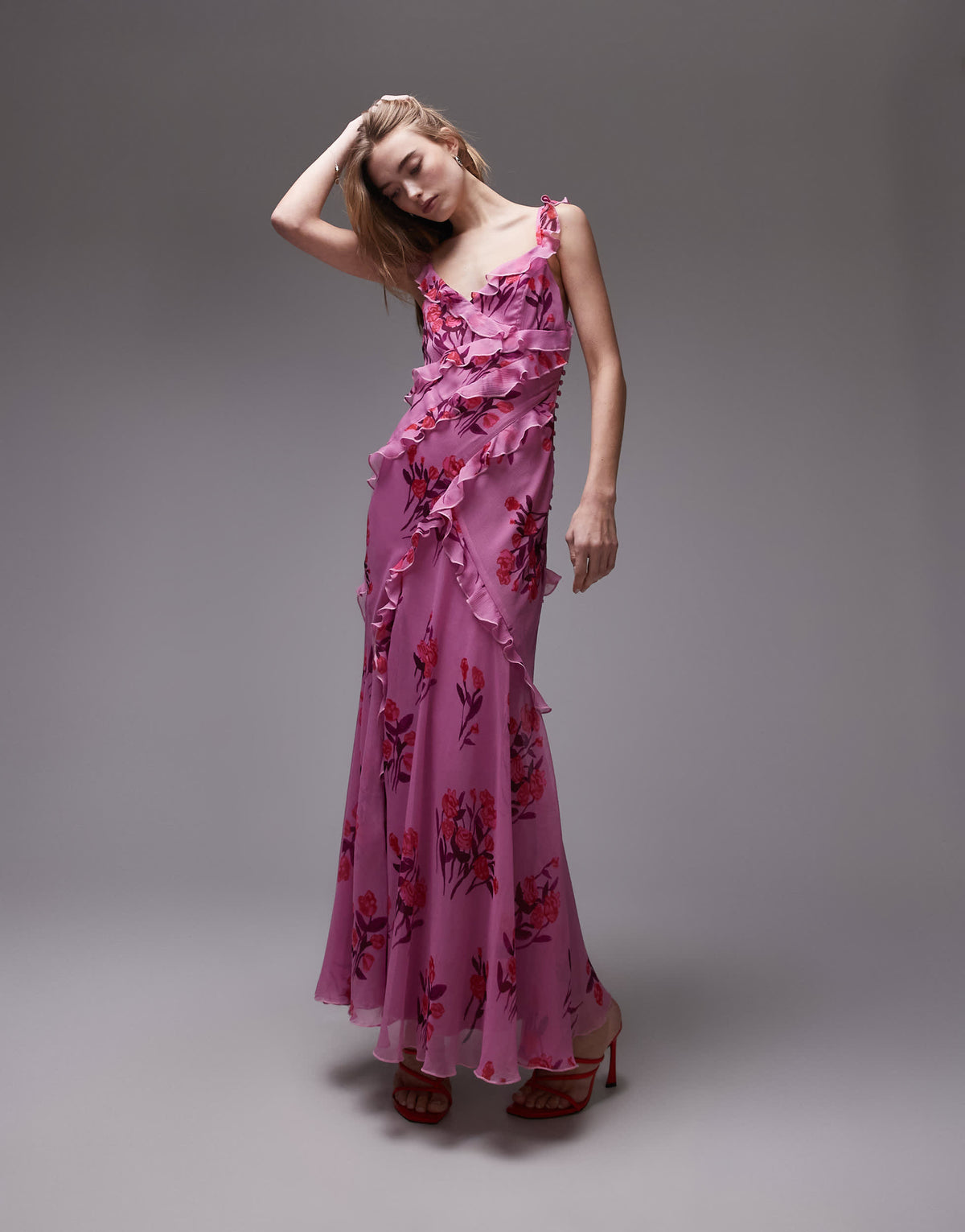 Topshop ruffle cami slip maxi dress in pink based floral 