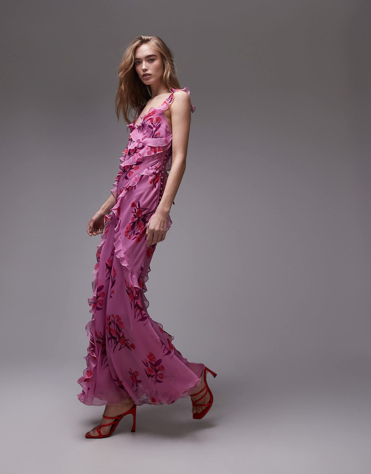 Topshop ruffle cami slip maxi dress in pink based floral 