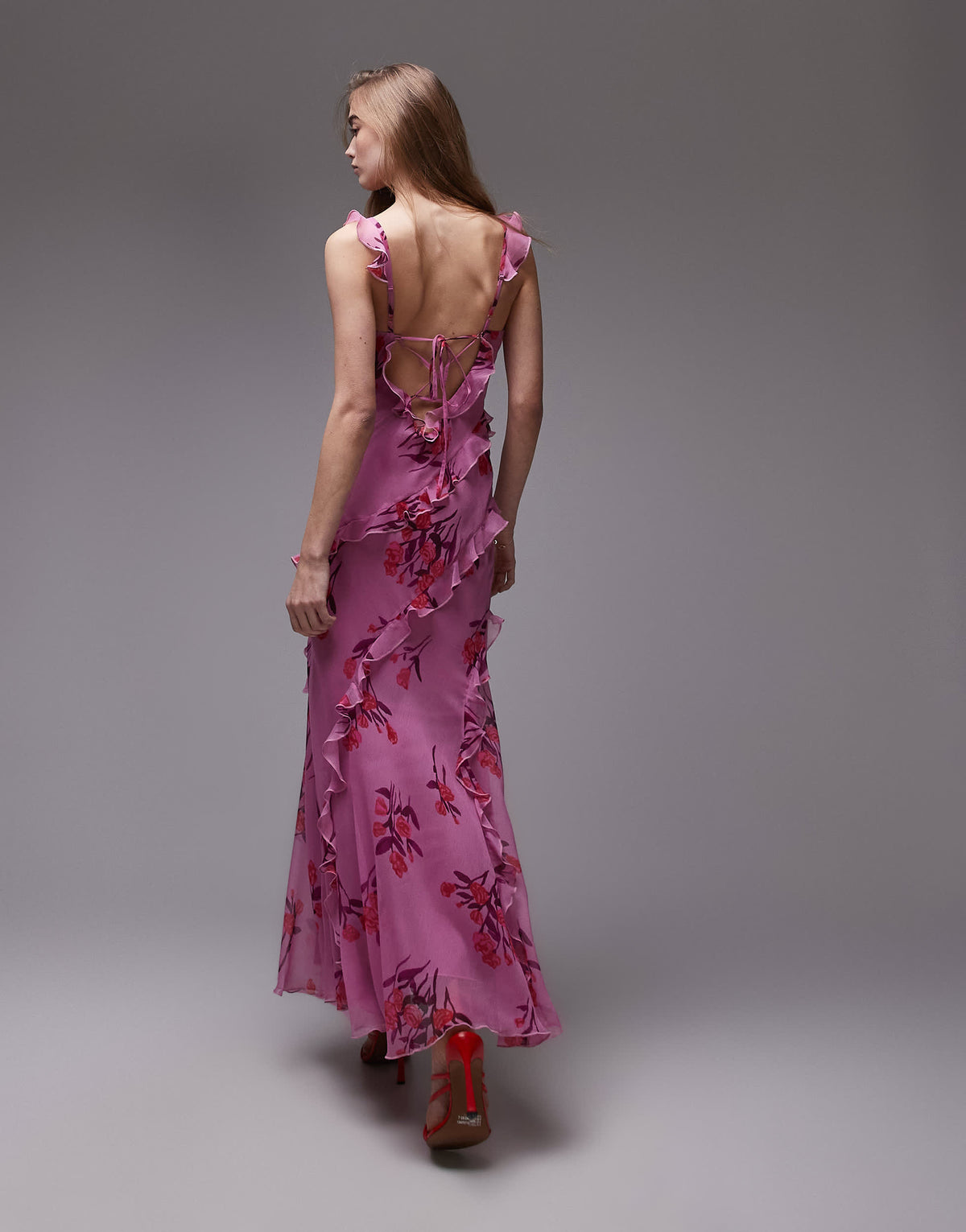 Topshop ruffle cami slip maxi dress in pink based floral 