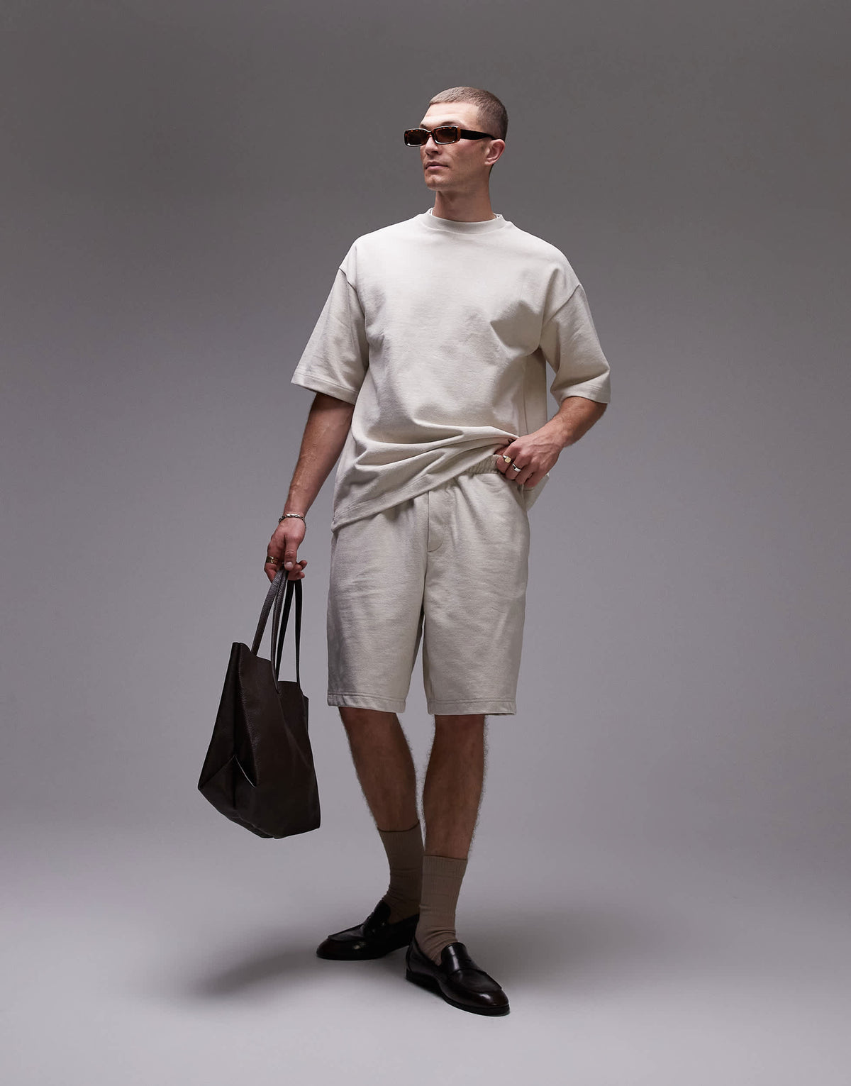 Topman oversized fit linen blend short in stone