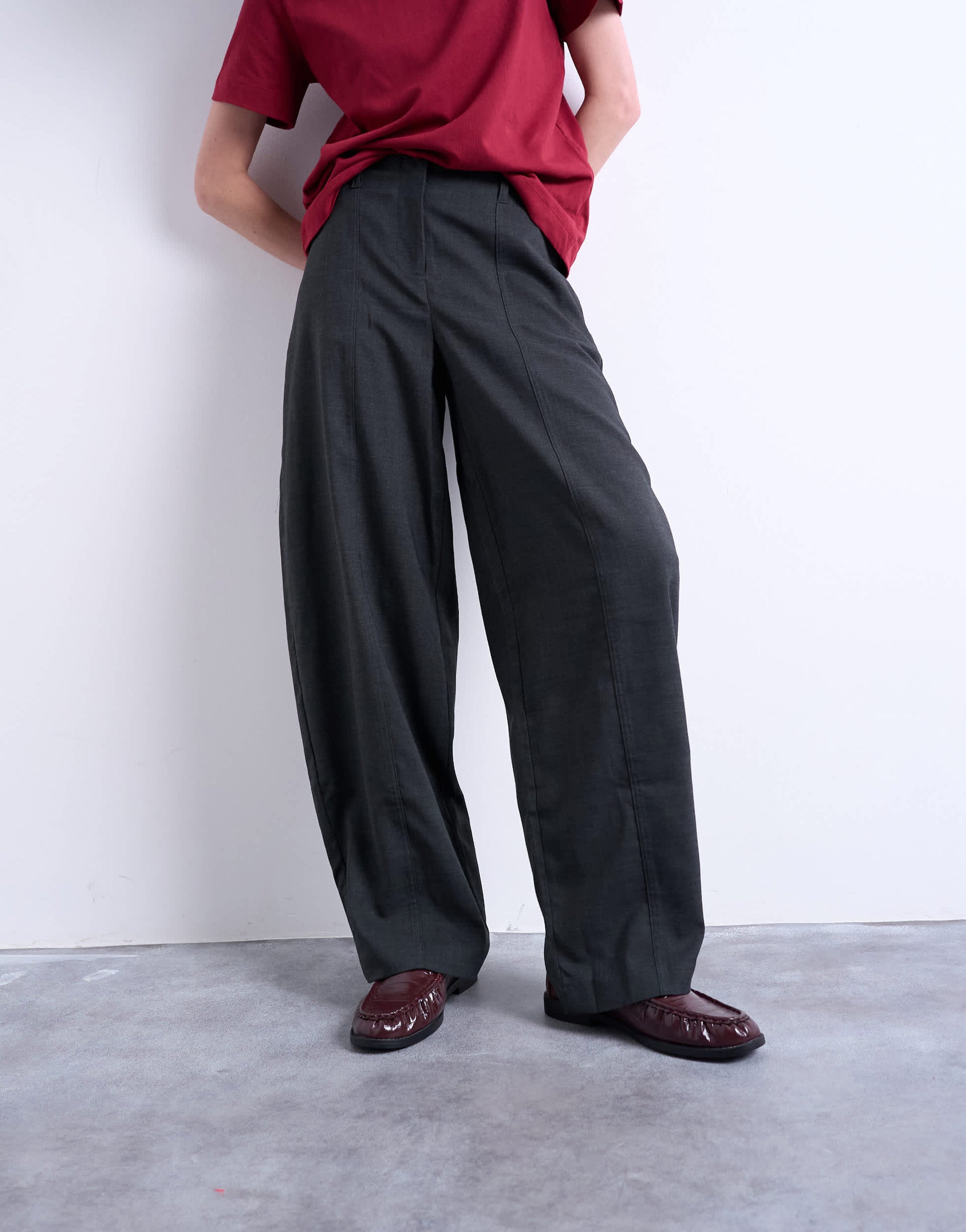 Topshop mid rise balloon leg clean waistband tapered trouser in charcoal