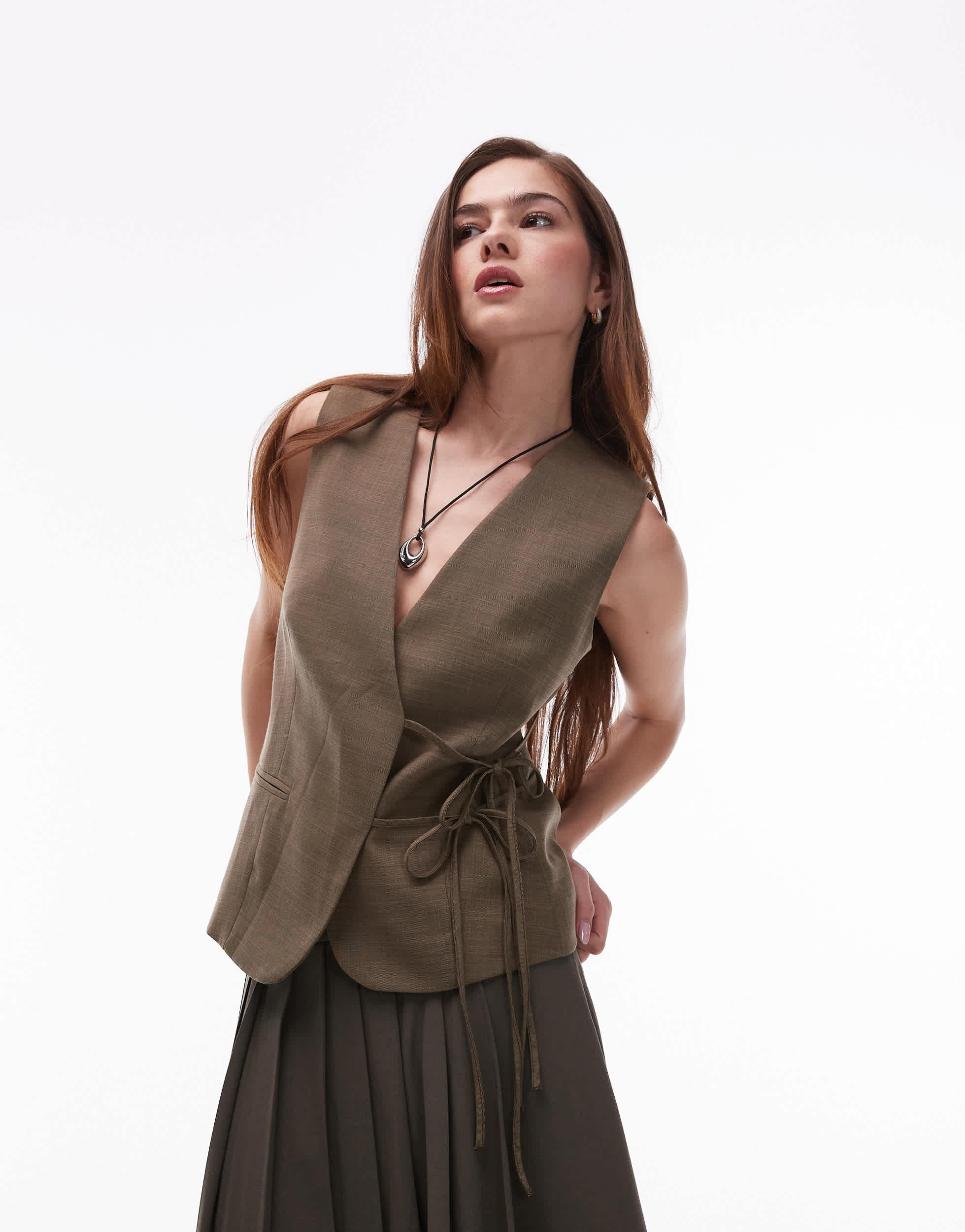 Topshop tie side waistcoat in khaki