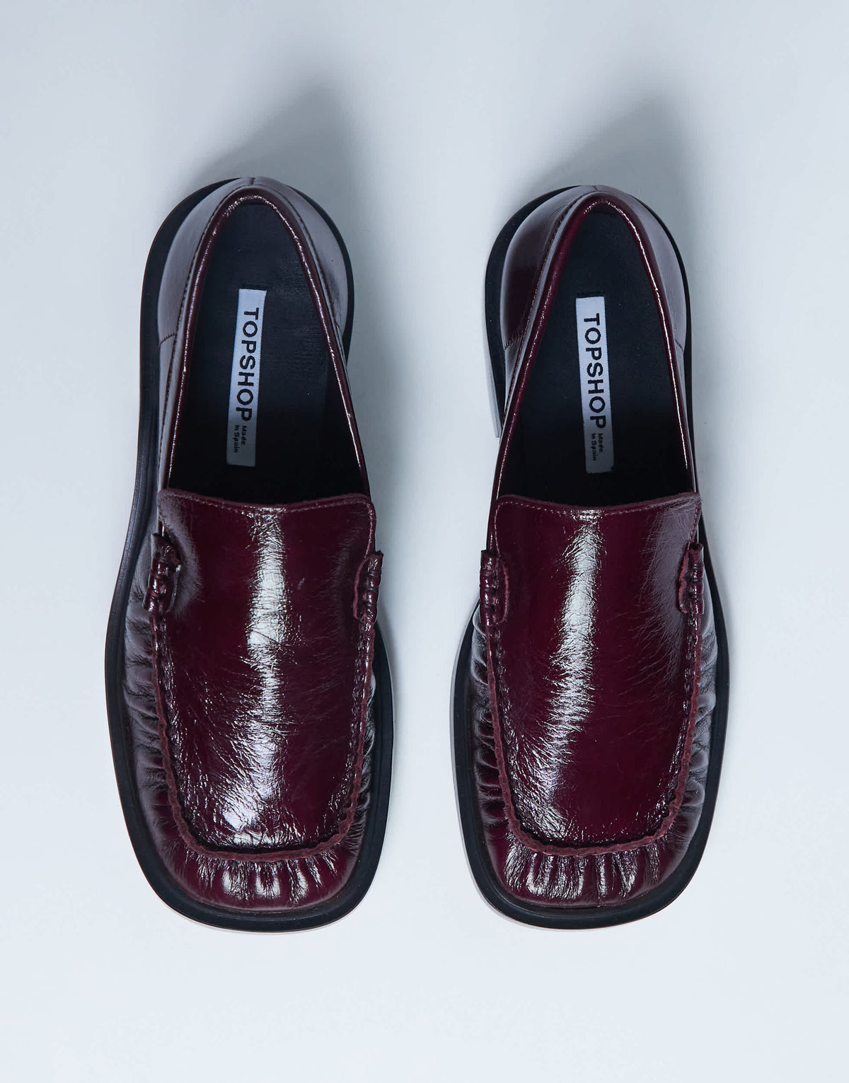 Topshop Premium Clover real leather loafers with ruched detail in burgundy