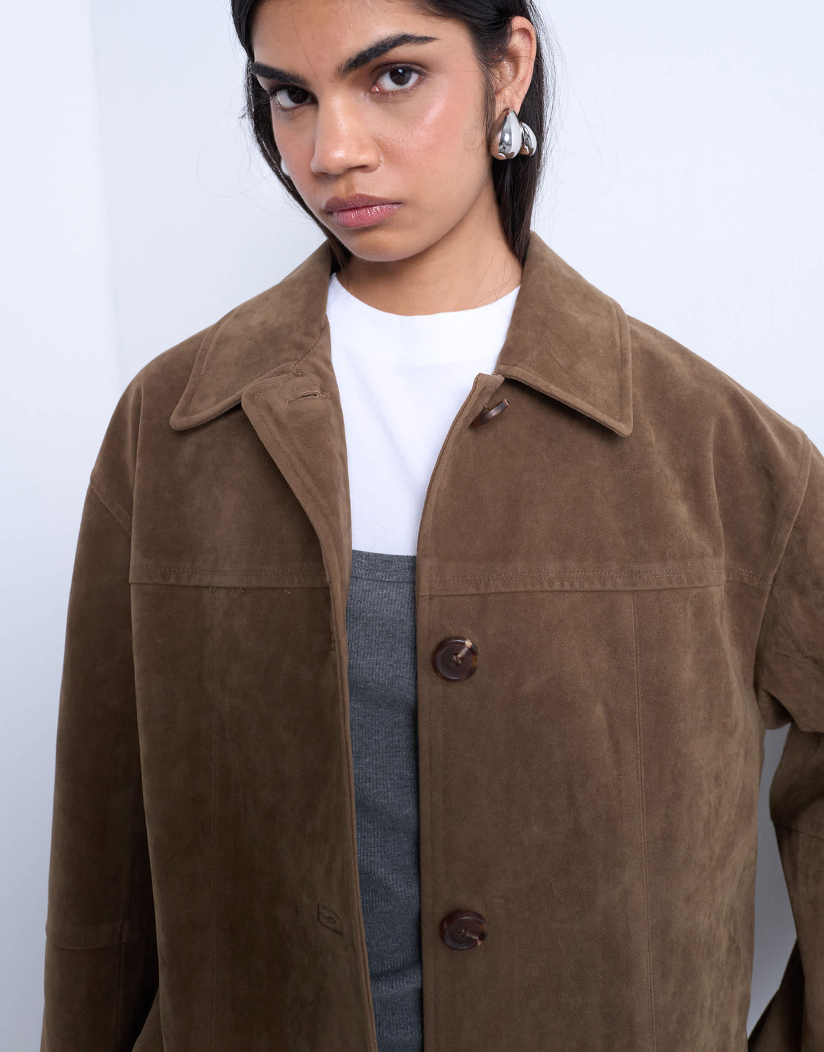 Topshop premium real suede patch pocket boxy jacket in tan