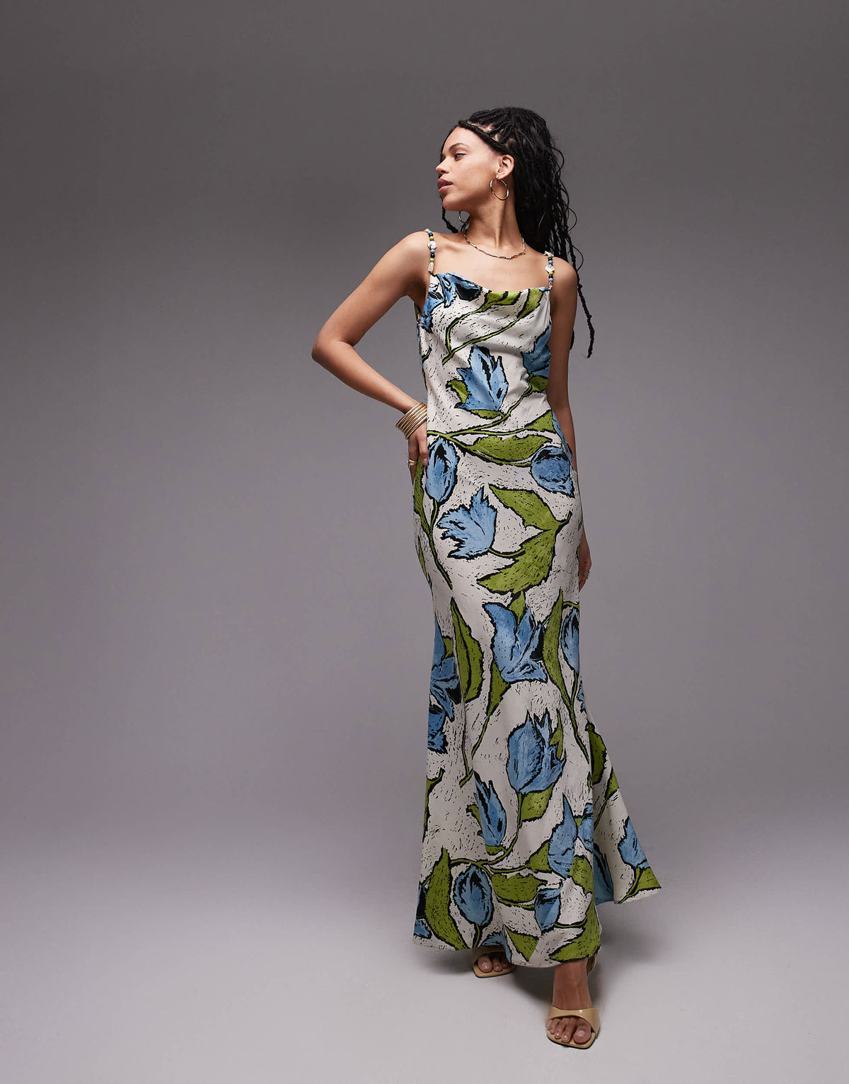 Topshop cowl neck midi slip dress with beaded straps in green blue floral