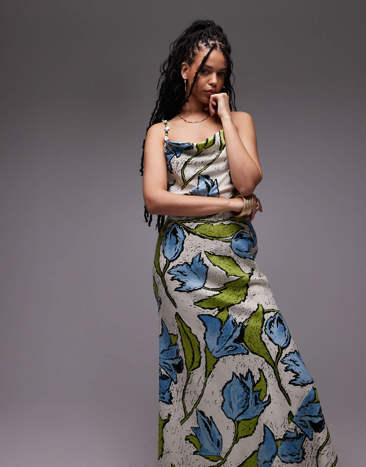 Topshop cowl neck midi slip dress with beaded straps in green blue floral