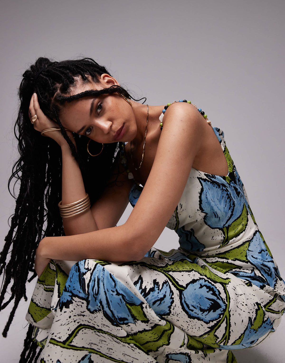Topshop cowl neck midi slip dress with beaded straps in green blue floral