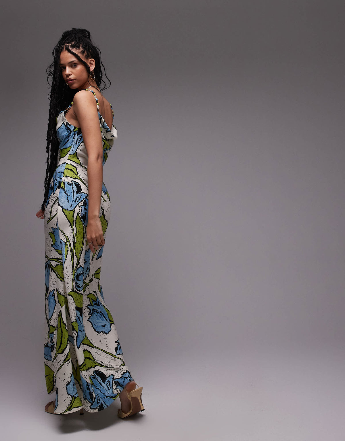 Topshop cowl neck midi slip dress with beaded straps in green blue floral