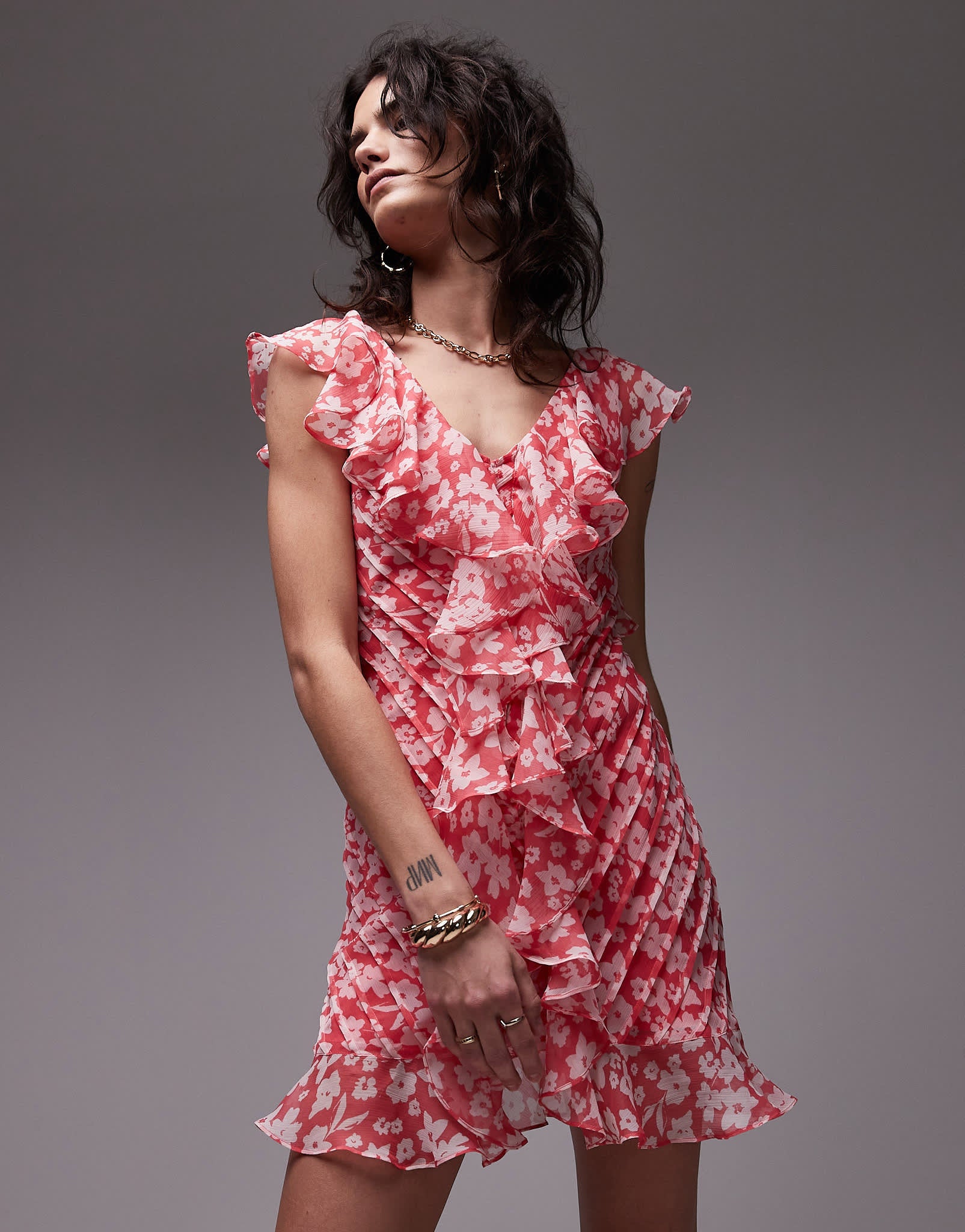 Topshop ruffle pintuck mini dress in pink floral