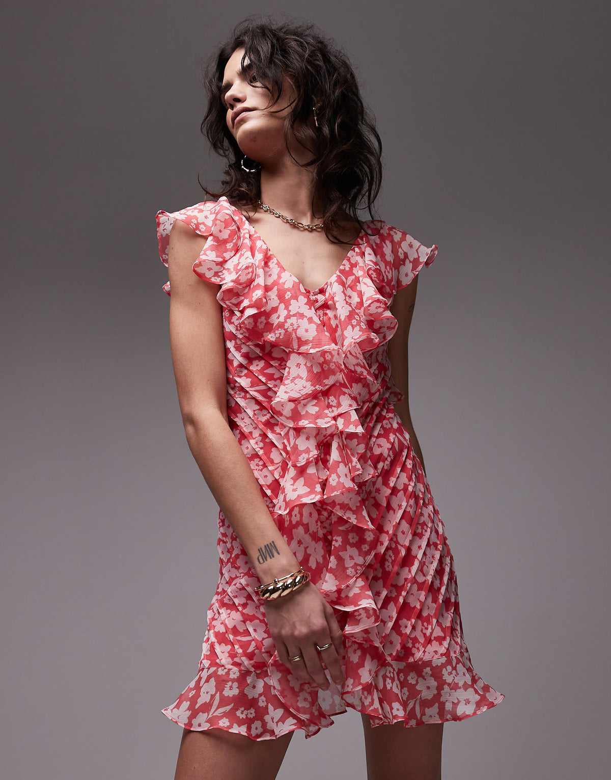 Topshop ruffle pintuck mini dress in pink floral