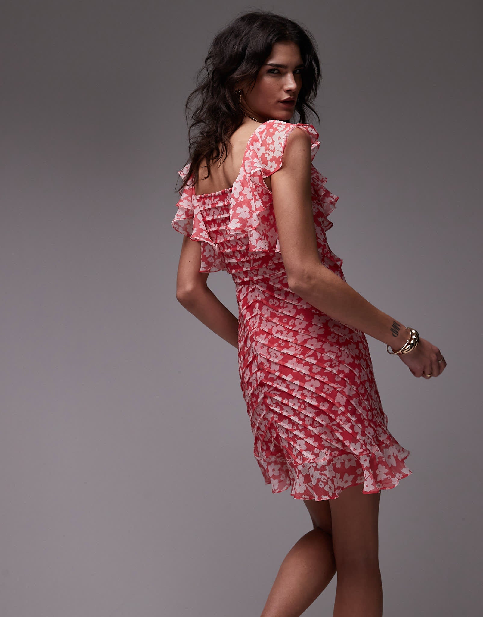 Topshop ruffle pintuck mini dress in pink floral