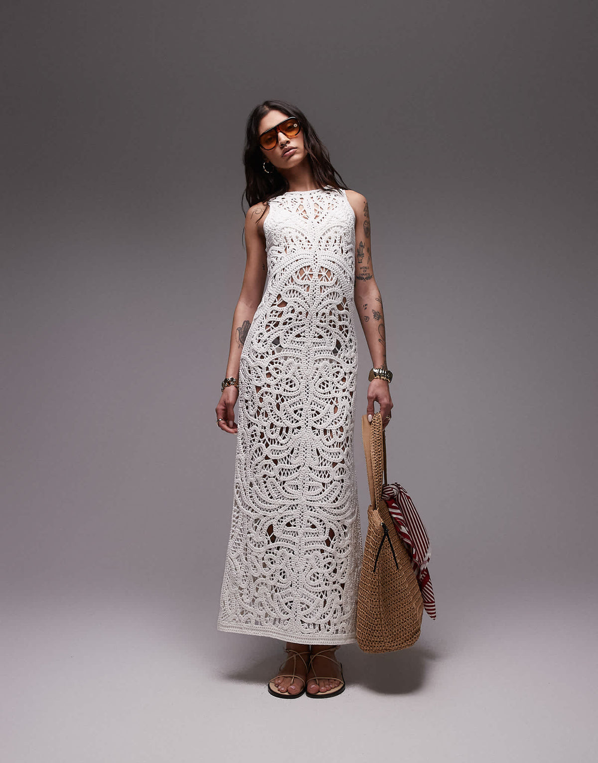 Topshop knitted premium crochet maxi dress in ivory