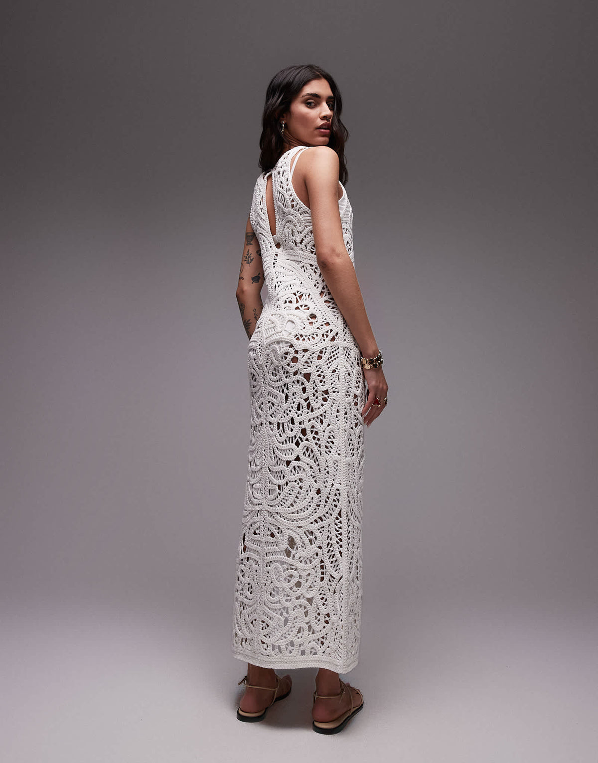 Topshop knitted premium crochet maxi dress in ivory
