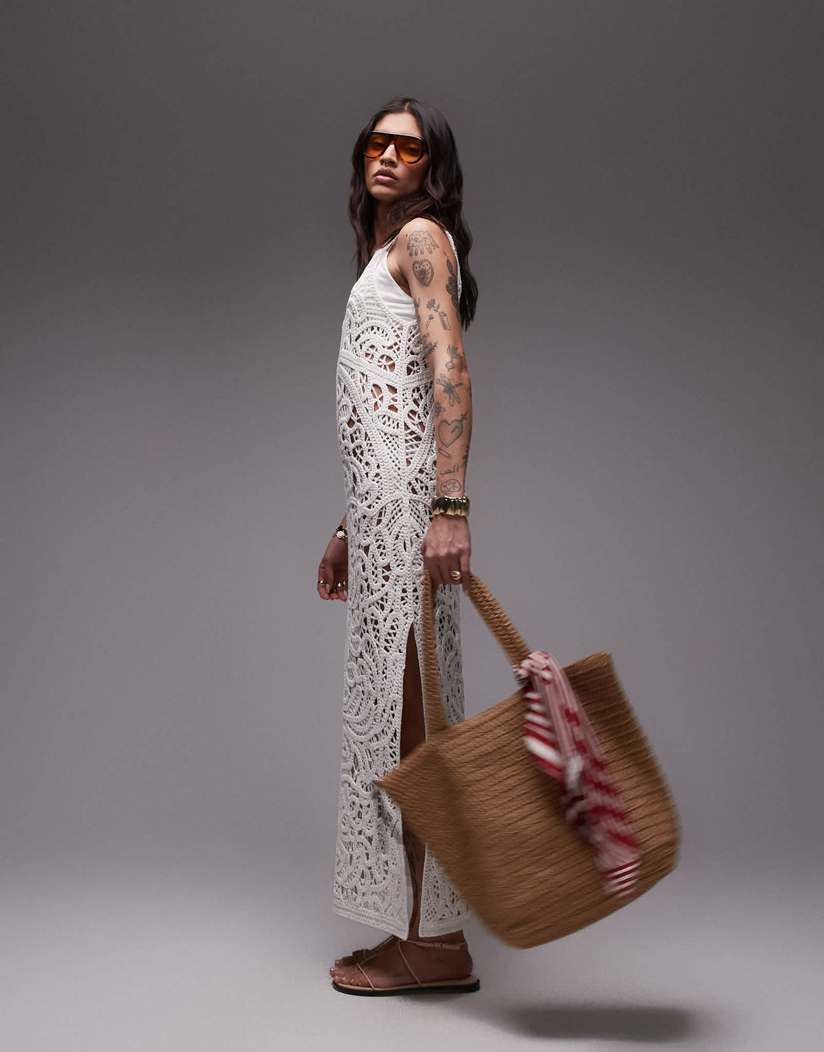 Topshop knitted premium crochet maxi dress in ivory
