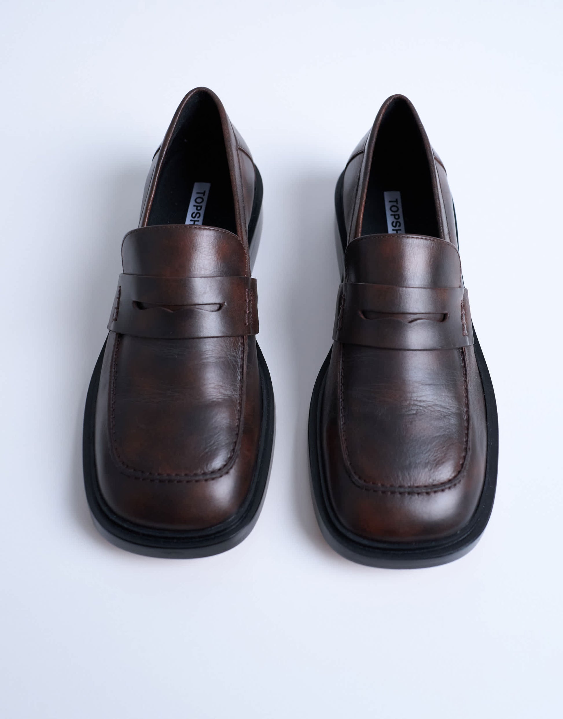 Topshop Cole premium real leather square toe loafers in distressed brown