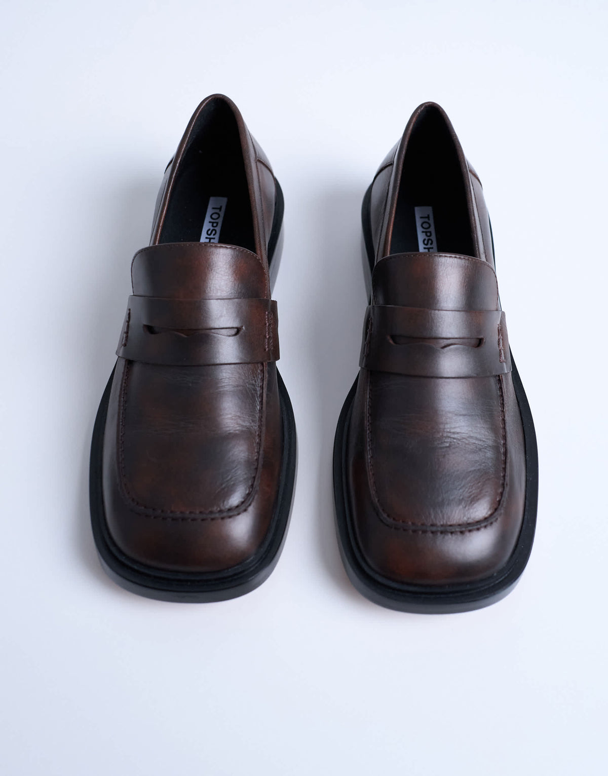 Topshop Cole premium real leather square toe loafers in distressed brown