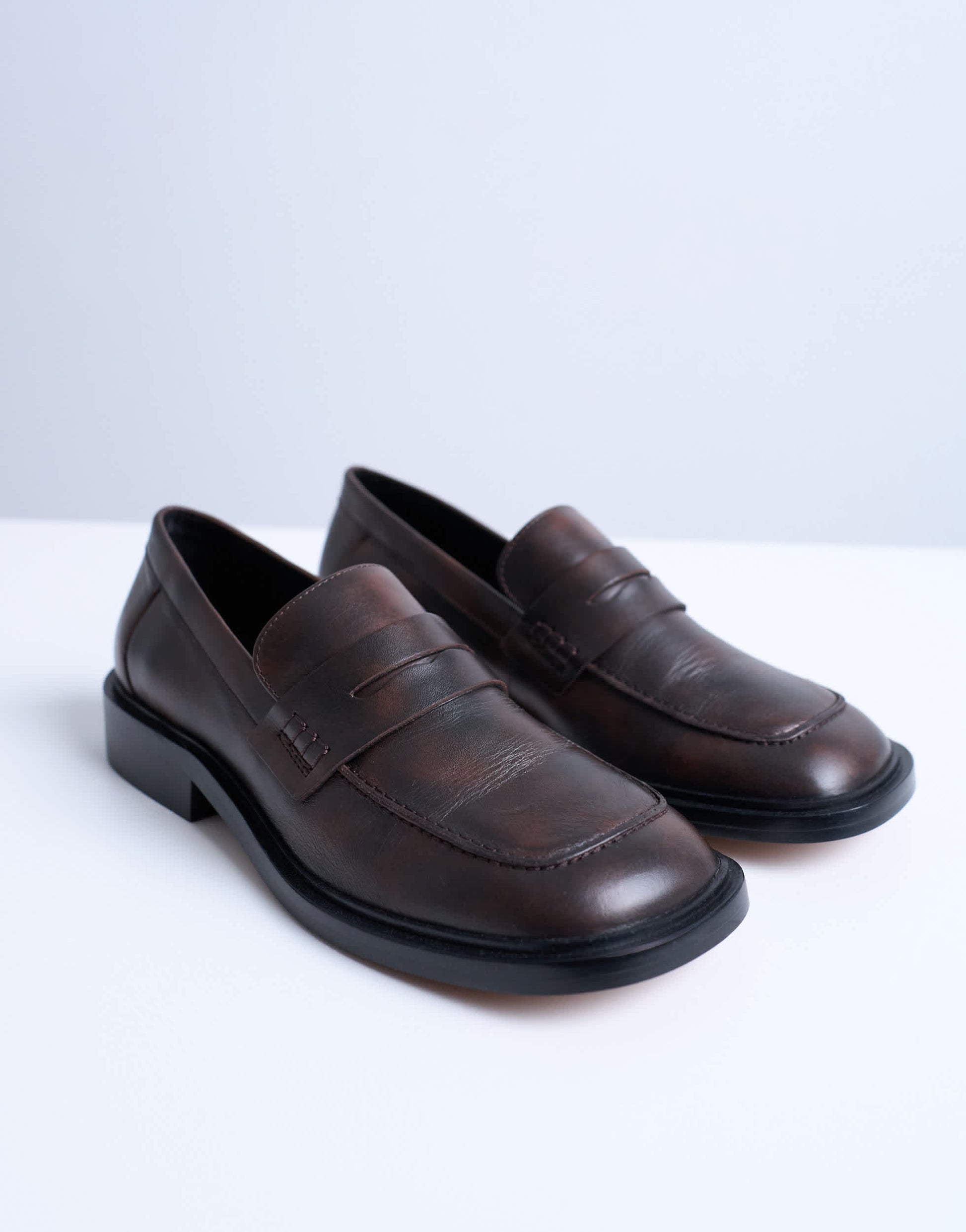 Topshop Cole premium real leather square toe loafers in distressed brown
