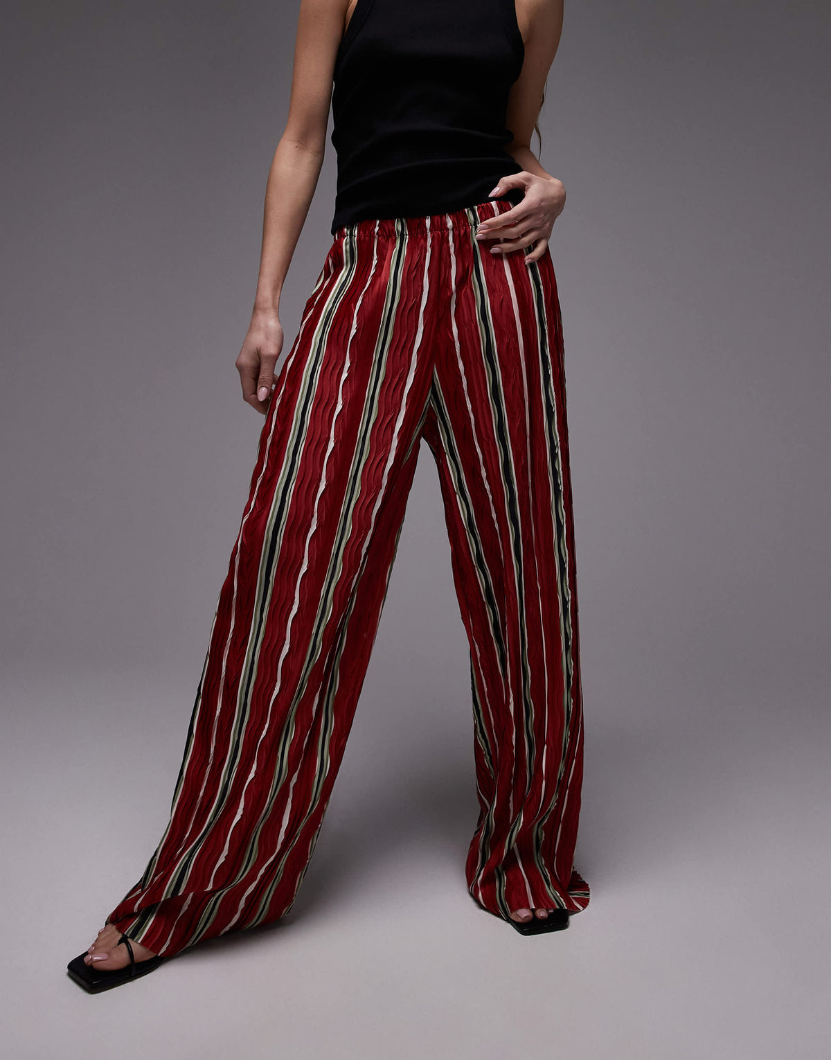 Topshop stripe plisse wide leg trouser in red