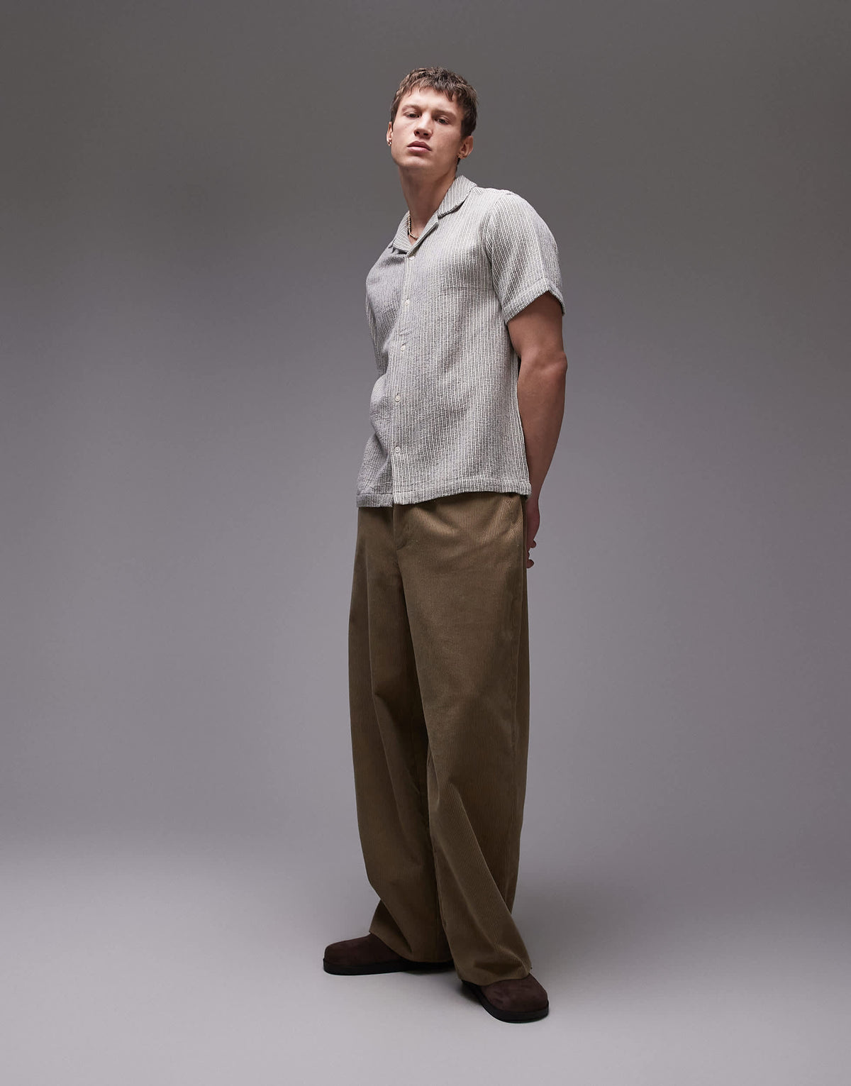 Topman short sleeve textured stripe shirt in stone