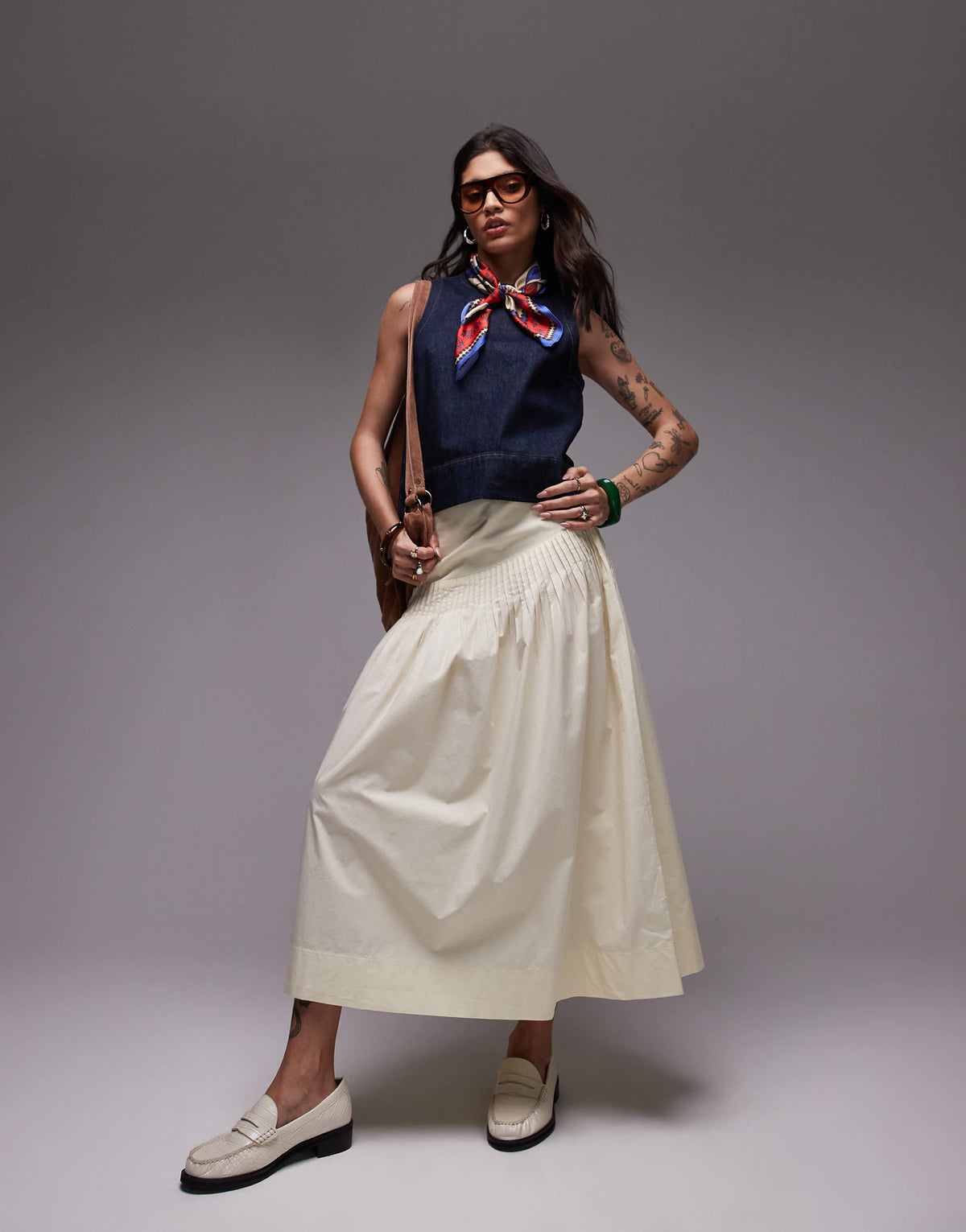 Topshop pintuck poplin full skirt in buttermilk