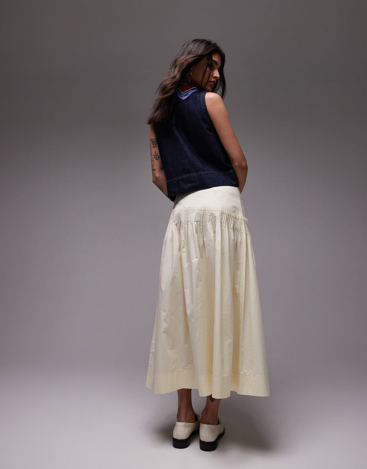 Topshop pintuck poplin full skirt in buttermilk