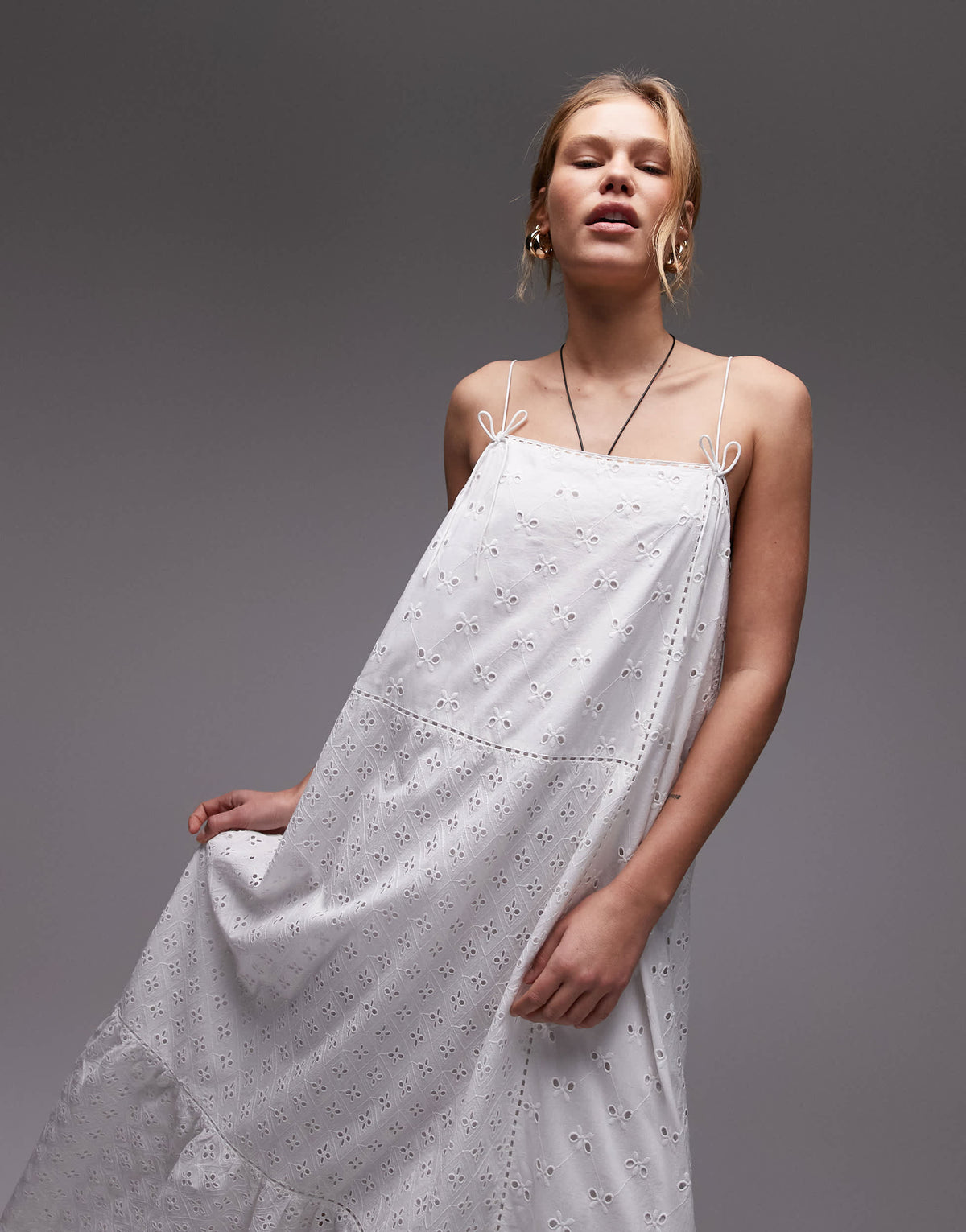 Topshop broderie trapeze midi dress in white